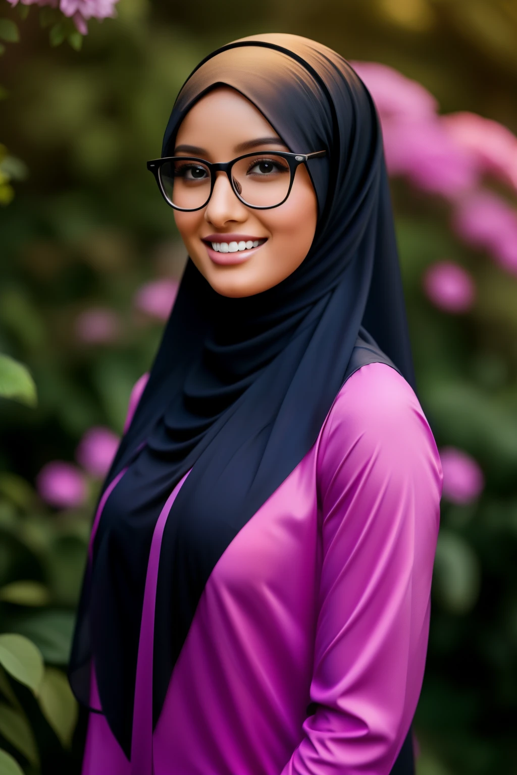 full body image of ultra realistic,16k, enhanced quality, perfect face, perfect hands, perfect body, ultra detailed, perfect hair, girl wearing glasses, perfect glasses, perfect smile, ultra realistic, ultra realistic background, full body image, posing for photo in flower garden, girl wearing perfect hijab,full body shooting, ultra realistic particles, perfect duck lips, full body shooting, Islamic hijab,