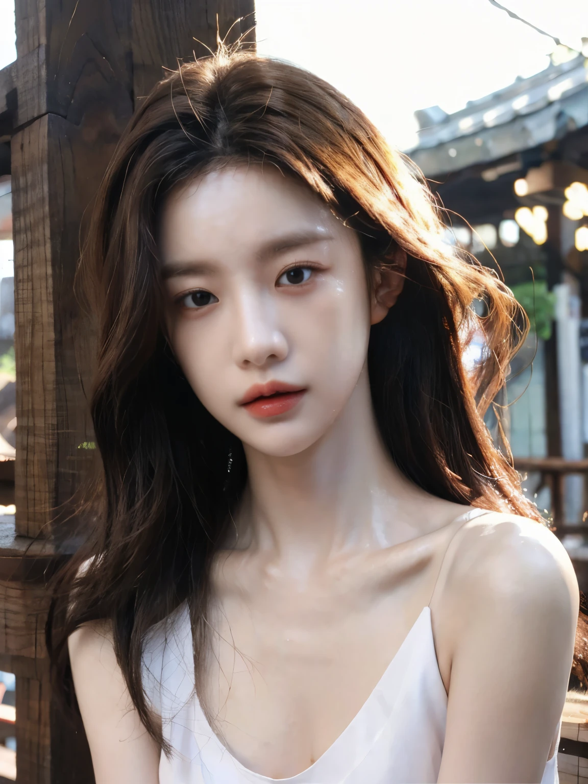 8k, RAW Photo, Best Quality, Masterpiece, High Detail RAW Color Photo, Professional Photo, (Realistic, Photorealistic Photorealism: 1.37), (High Detail Skin: 1.2), High Resolution, Beautiful Detailed Eyes, (Hard Focus: 1.4), (Clear Focus: 1.4), Realistic, (8K UHD:1.2), realistic high-quality shadows, pink pouty red lips, slender face, (wavy hair), semi-top knot, gray-blue wavy hair, pink eye color, suggestive appearance, (extreme face close-up), pov, ((depth of field))), pale and shiny skin, slip dress, 1 30 years old, buruma, clear water, layers of white clouds, background blur, lens flare, (vignetting: 0.8), dramatic lighting, cinematic lighting, backlighting, professional lighting, Physically based rendering, ulzzang-6500-v1.1, pureerosface_v1.