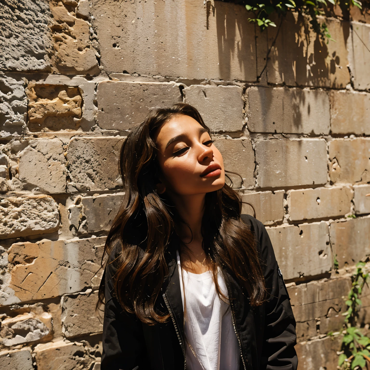 A girl with long wavy hair leaning against a wall with a cell phone in her hand sending a message and an empty text message on top of the cell phone