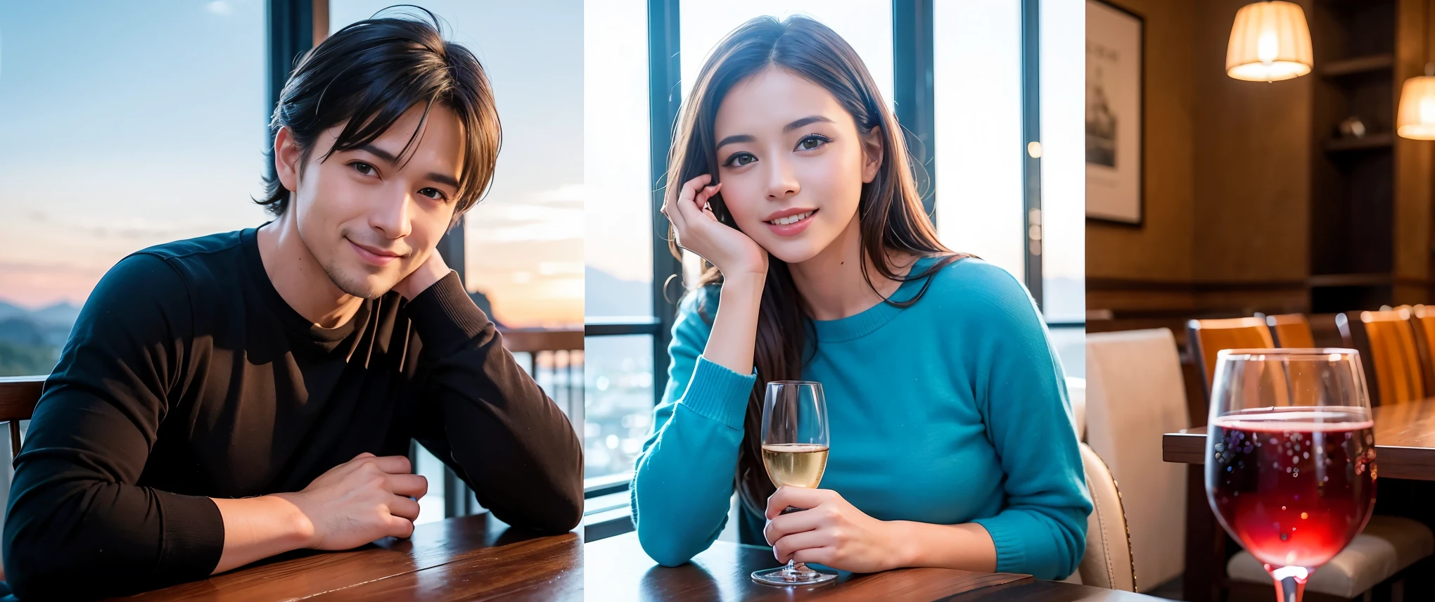 K, Hmm, highest quality, masterpiece: 1.2), (realistic, photorealistic: 1.37), Spectacular view of the sunset sky and clouds、Amazing mountain views、明るいsmile、3 slim beauties, (slim face),Happy、 the best smile、Fox face、Berry Short、(because I'thin), (brown hair), (shortcut), long sleeve shirt、winter fashion、Colombian、Brazilian、Japanese、Dutch、German、Portuguese、Belgian、Italian、French,Champagne、sparkling wine、 (Squirting), (slim body), (brown hair), (shortcut), neat beauty、cheeks turn a little red, (35 years old), 38 years old, alone, A beautiful and detailed night view spreads out outside the window......, restaurant, wine glass is sitting, At night, in a prominent place (from the Upper body) nova frog style, actress, model, Upper body, White wine, slim, wine glass, Very beautiful night view, wine glass Put in the Middle, Happy smile, (smile: 1.15),