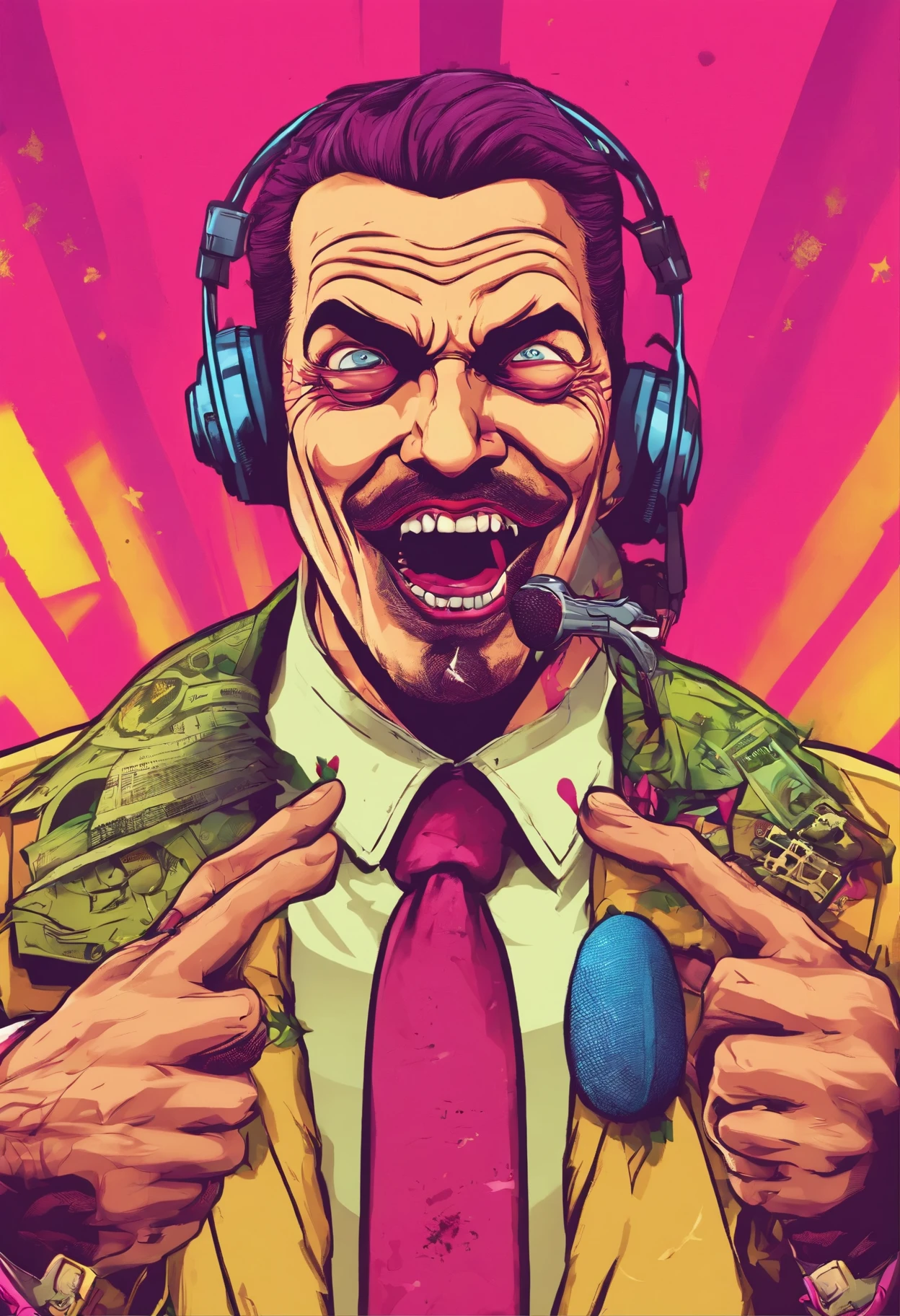 Create a video announcer CMD prompt ,he has a microphone ,personagem parecido com coringa ,alucinado e com tatuagens