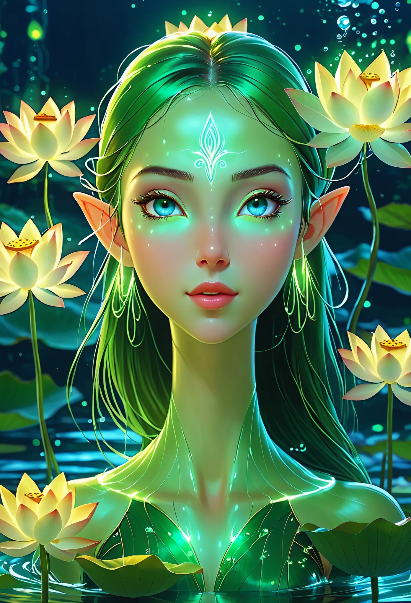 (masterpiece, best quality:1.2), In digital art style, charming illustration,peaceful picture,1The elf emerged from the water, beautiful eyes,tall lotus,alone,body glow,Glowing lines,fluorescence,glow example,Example tracking,flash,萤light particles,Backlight,Translucent,light particles,glowing insects,viscous liquid,Correct human anatomy,