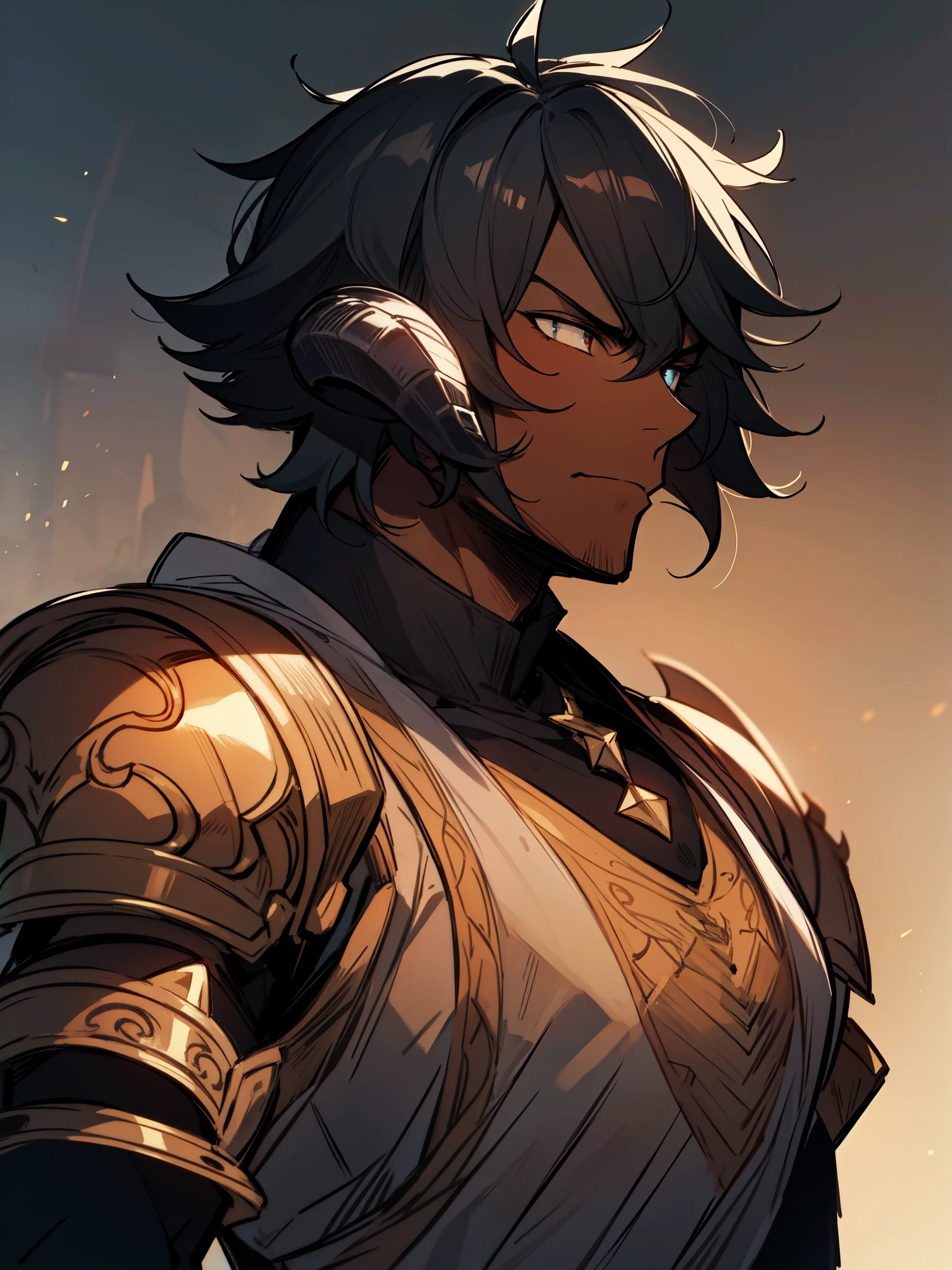 ((black hair)), ((front horns)), ((black au ra)), ((black scales on skin)), (((dark skin))), (knight (final fantasy), ((serious expression)), ((armor)), ((fantasy)), ((muscular build)), (((complementary colors))), ((mature male)), 1boy, beautifully drawn, high resolution illustration, best quality, High definition, ((detailed anime sketch)), Masterpiece, (solo), absurdres, portrait, ((upper body)), ((wild hair)), detailed background, fine detail, male focus, HDR, ((short hair)),
