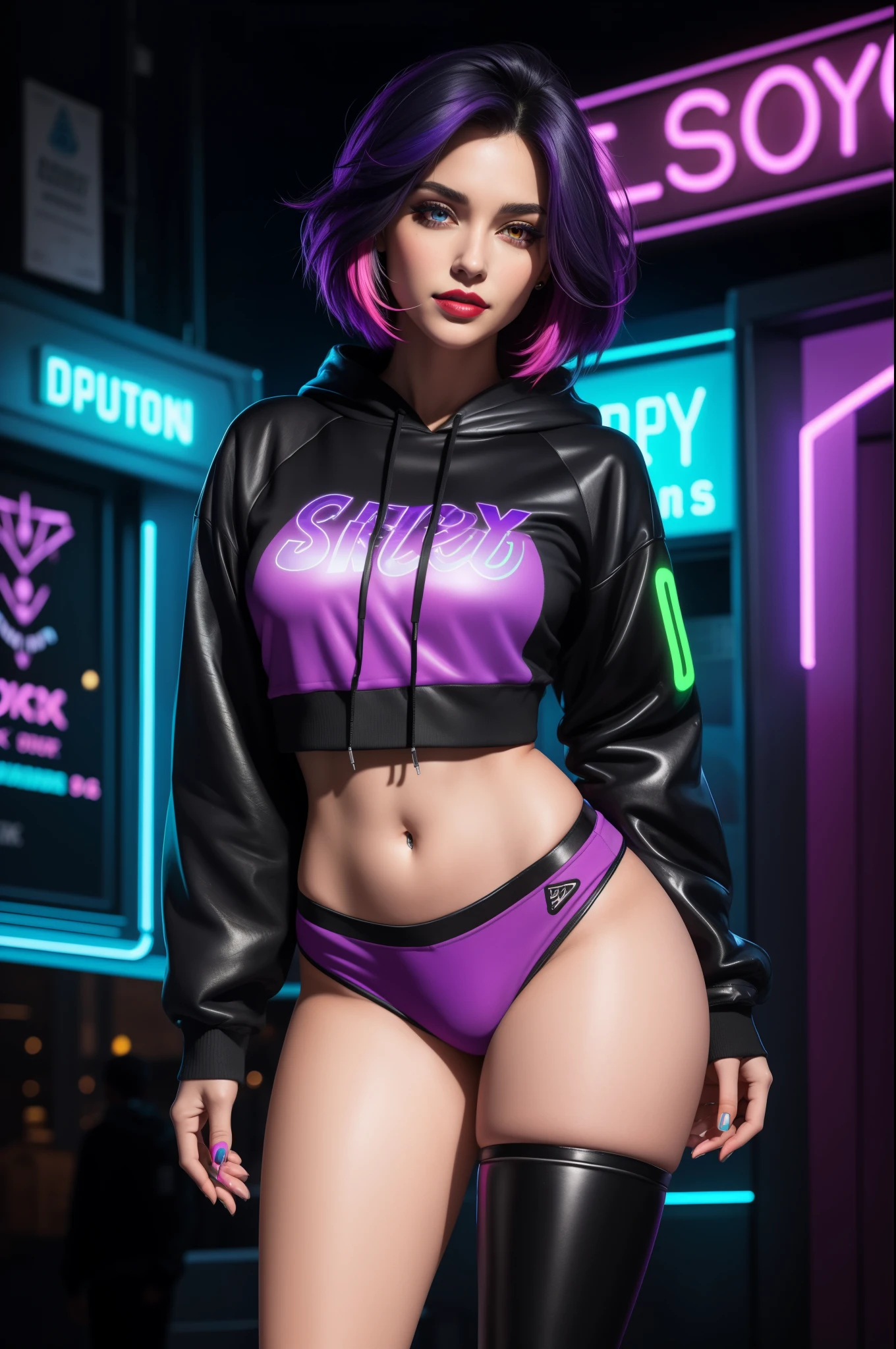 (masterpiece), the best quality, (wide shot), expressive eyes, perfect face, a beautiful Dashing girl, fierce woman, cool girl, Dashing girl, (smirk), luxury, (black hair with purple tip, multicolored hair, colored inner hair, short hair), aqua eyes, ((black cropped hoodie jacket), short skirt, high tights, purple trim, Leather), high boot, hourglass body shape, curvy, tight thighs, professional, Extremely aesthetic, (immersive), (cool), stylish, fantasy mixed realistic art style, Extremely detailed realistic clothing, (Glow Paint, hight details Neon Sign, A neon sign designed in an anime style, glow Neon Sign, night city as background), She stood in front of the neon sign , detailed face, glossy lips, eyeshadow, lipstick,