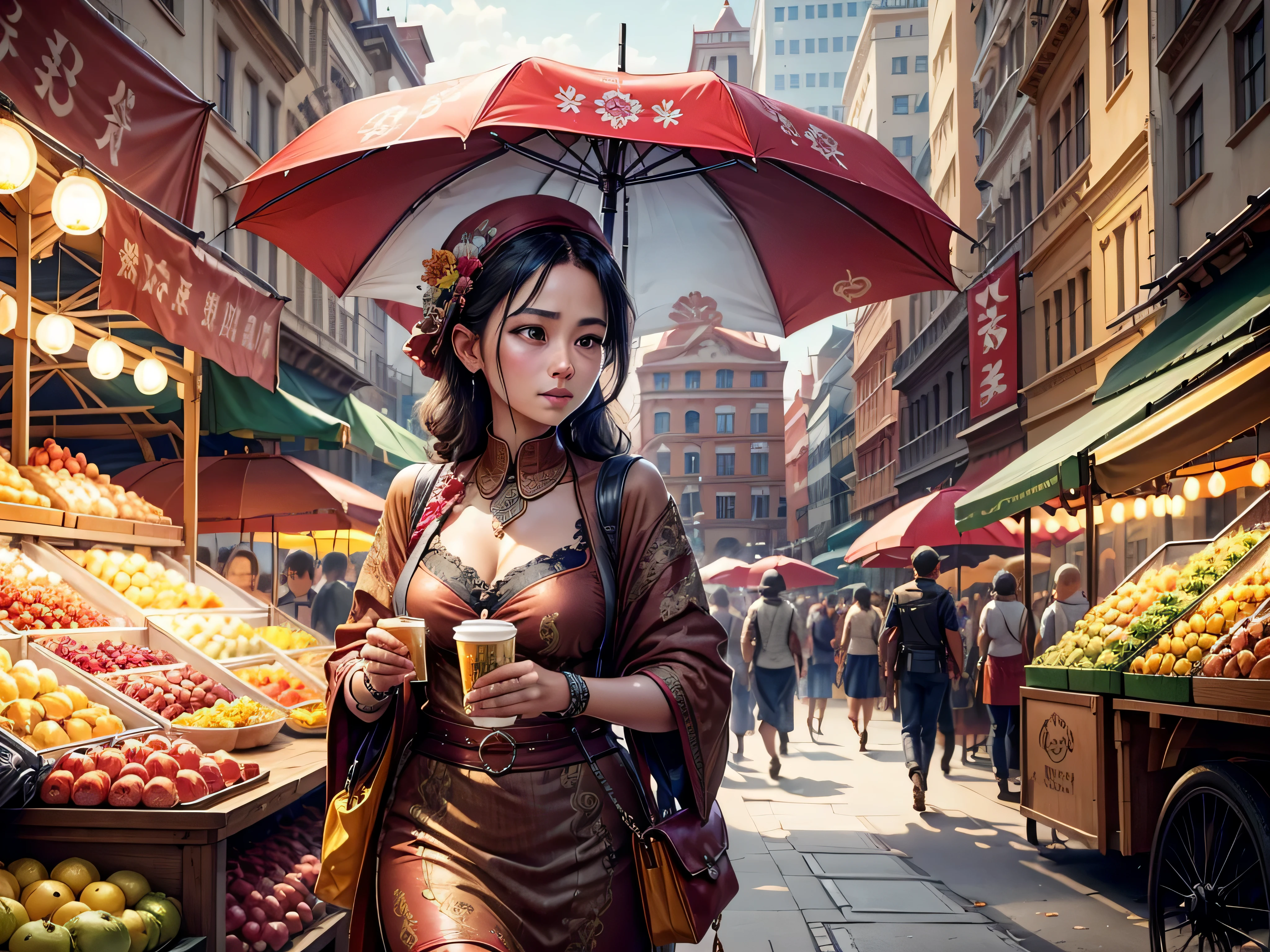people are shopping at a market with umbrellas and tables, busy market, market setting, street market, with street food stalls, street vendors, food stalls, market, market stalls, food stall, some stalls, vendors, people shopping, temple fair, bustling with people, market place, marketplace, very sad, gorgeous lady, very busy place, colored market stand, trailer