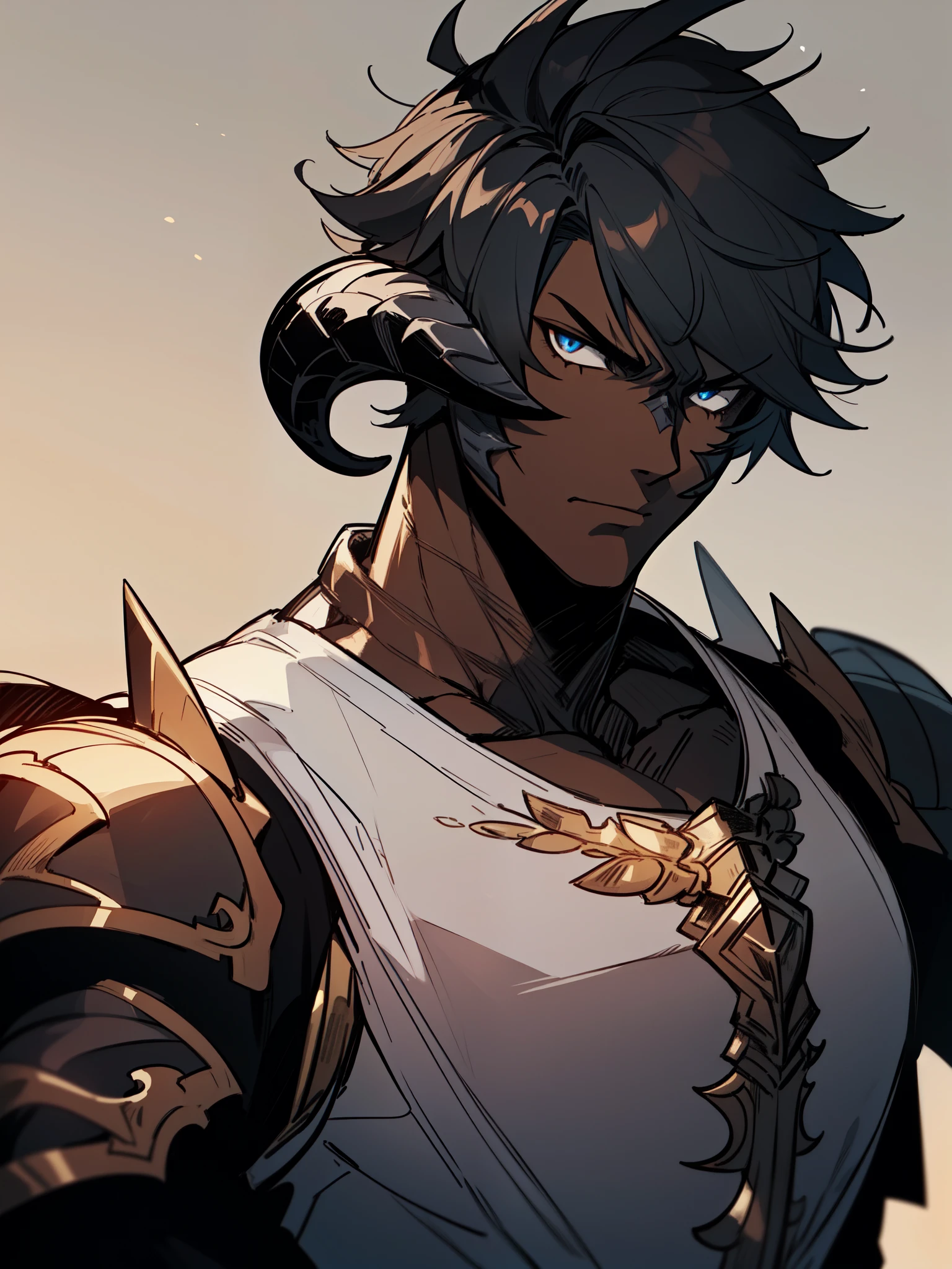 ((black hair)), ((front horns)), ((black au ra)), ((black scales on skin)), (((dark skin))), (knight (final fantasy), ((serious expression)), ((armor)), ((fantasy)), ((muscular build)), (((complementary colors))), ((mature male)), 1boy, beautifully drawn, high resolution illustration, best quality, High definition, ((detailed anime sketch)), Masterpiece, (solo), absurdres, portrait, ((upper body)), ((wild hair)), detailed background, fine detail, male focus, HDR, ((short hair)),
