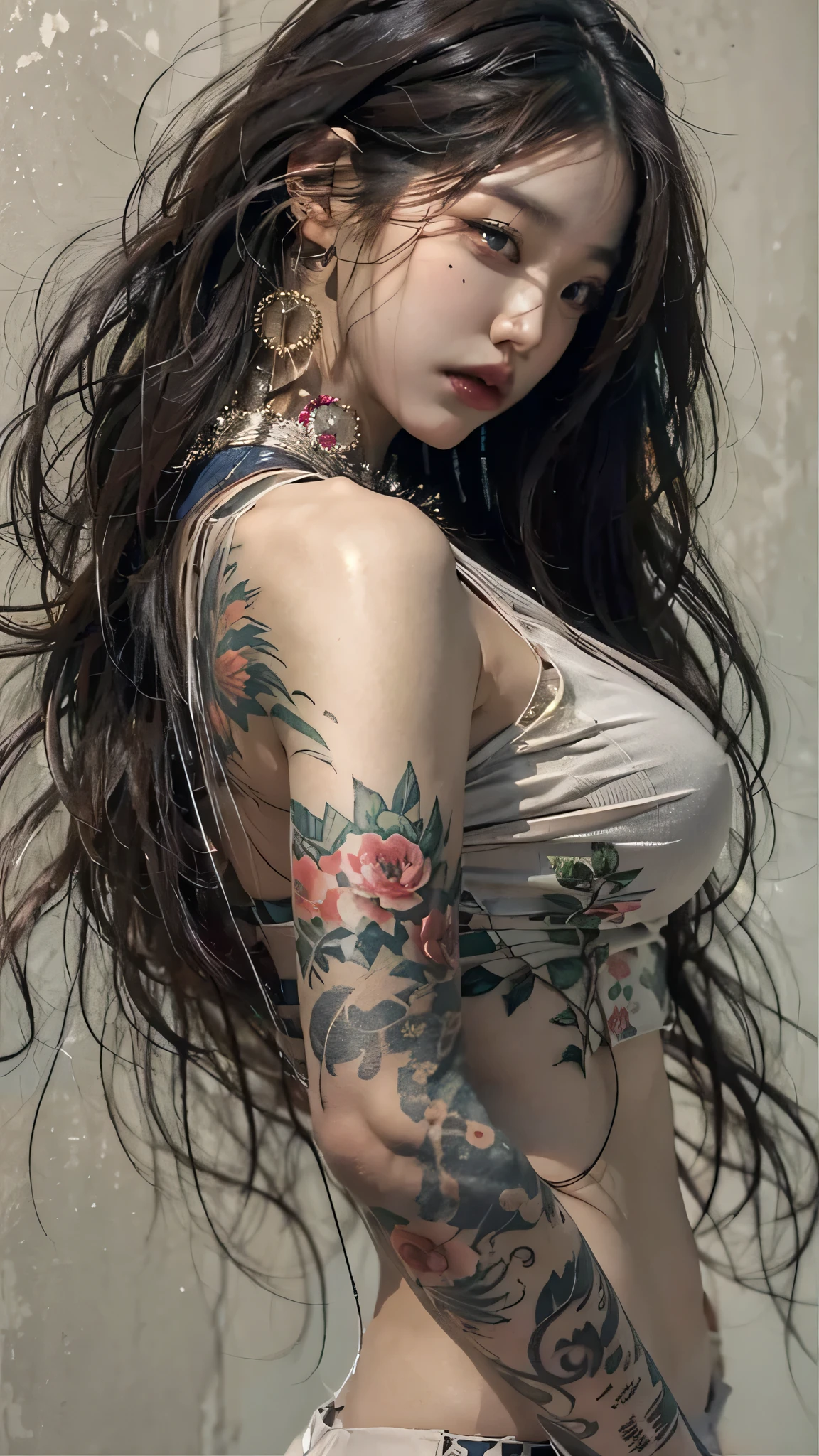 Photorealistic, High resolution, 1womanl, Solo, hips up high, look at viewr, (Detailed face), Long hair, Bunny suit, The tattoo, Jewelry