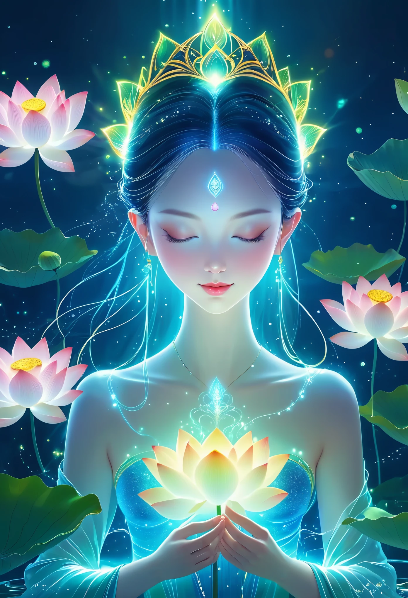 (masterpiece, best quality:1.2), In digital art style, charming illustration,peaceful picture,Ethereal beauty,Spiritual energy emanates,Fairy, beautiful eyes,lotus crown,tall lotus,Meditate,alone,body glow,Glowing lines,fluorescence,glow example,Example tracking,flash,萤light particles,Backlight,Translucent,light particles,Correct human anatomy,