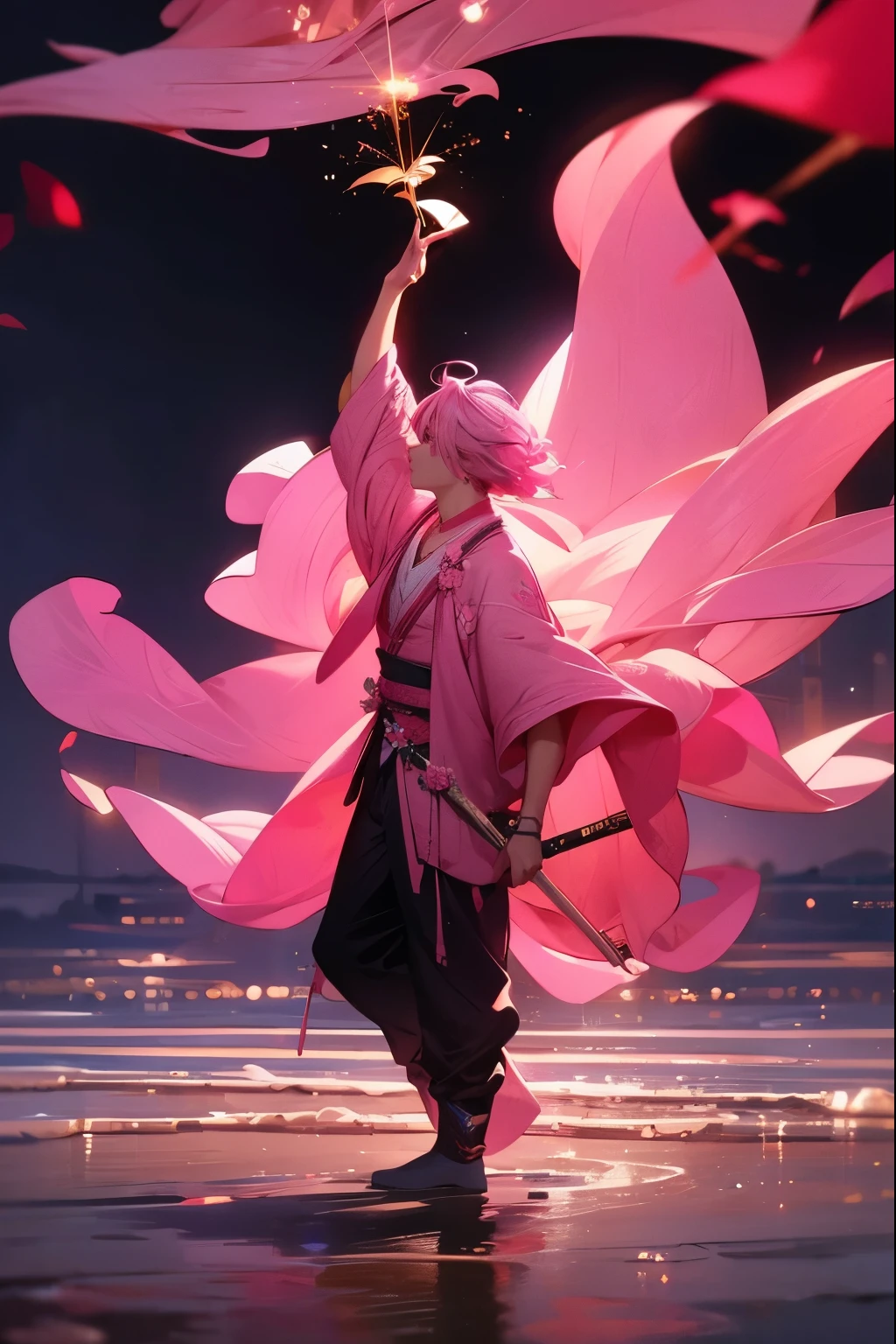 of a guy,Douluo,Pink hair,standing on your feet,the night,