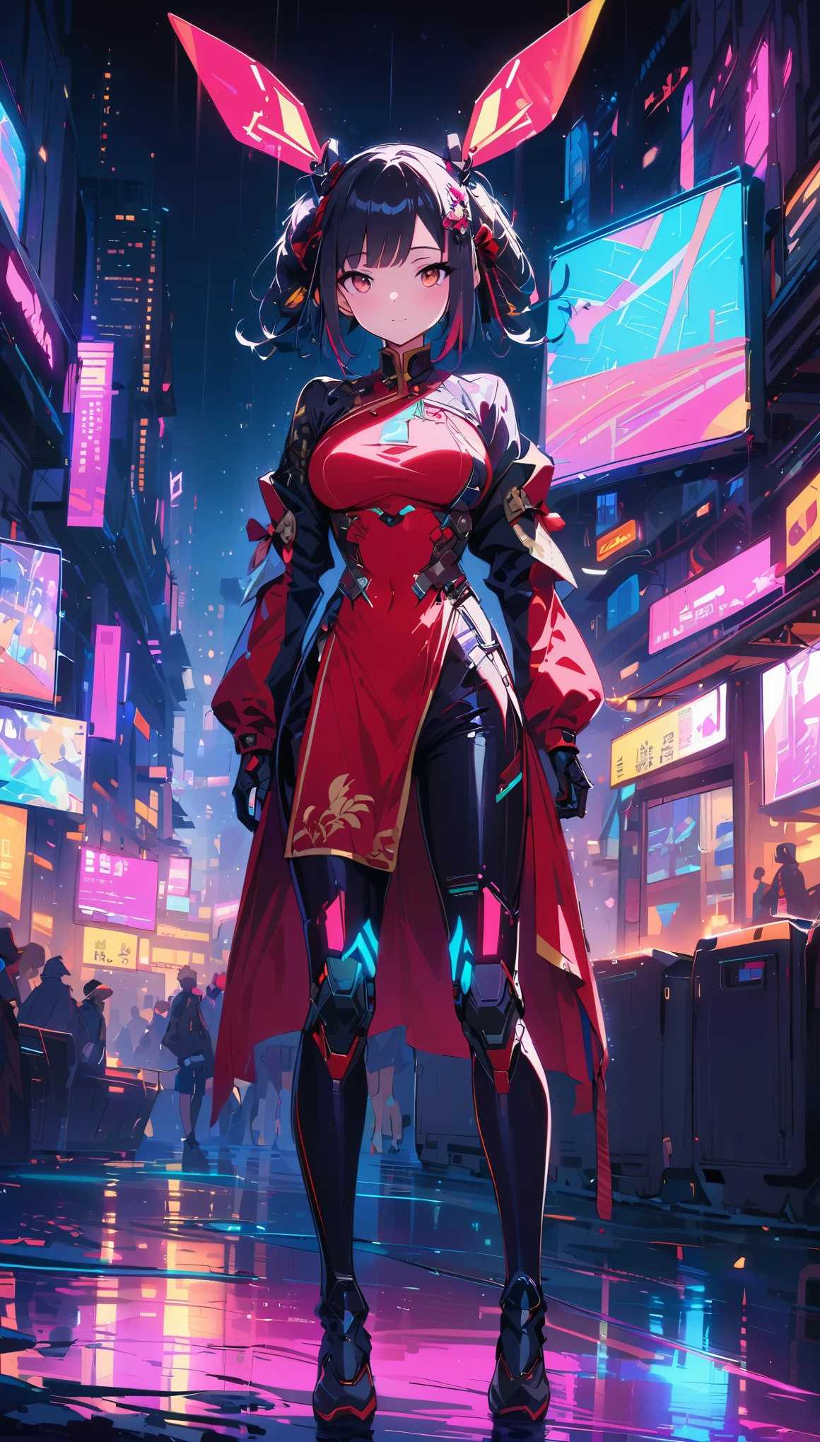 (best quality), (Super fine), (masterpiece), illustration, 一个女孩China costume賽博朋克, (cyberpunk,China costume,cybernetic implants),hair accessories, bright colors,dynamic lighting,neon lights,glowing city skyline,Holographic projection,future fashion clothing,A combination of traditional and modern elements,Avant-garde makeup,Exquisite hairstyle,confidence and determination,city environment,downpour,Reflection on slippery road,metallic feel,Mechanical armor, Gorgeous accessories,high-tech products,Impressive cybernetic enhancements,Clear focus,gnarly details, Overclocked rendering, Cinematic edge light, fine light, masterpiece, Super details, epic work, ultra high definition, high quality, 32k