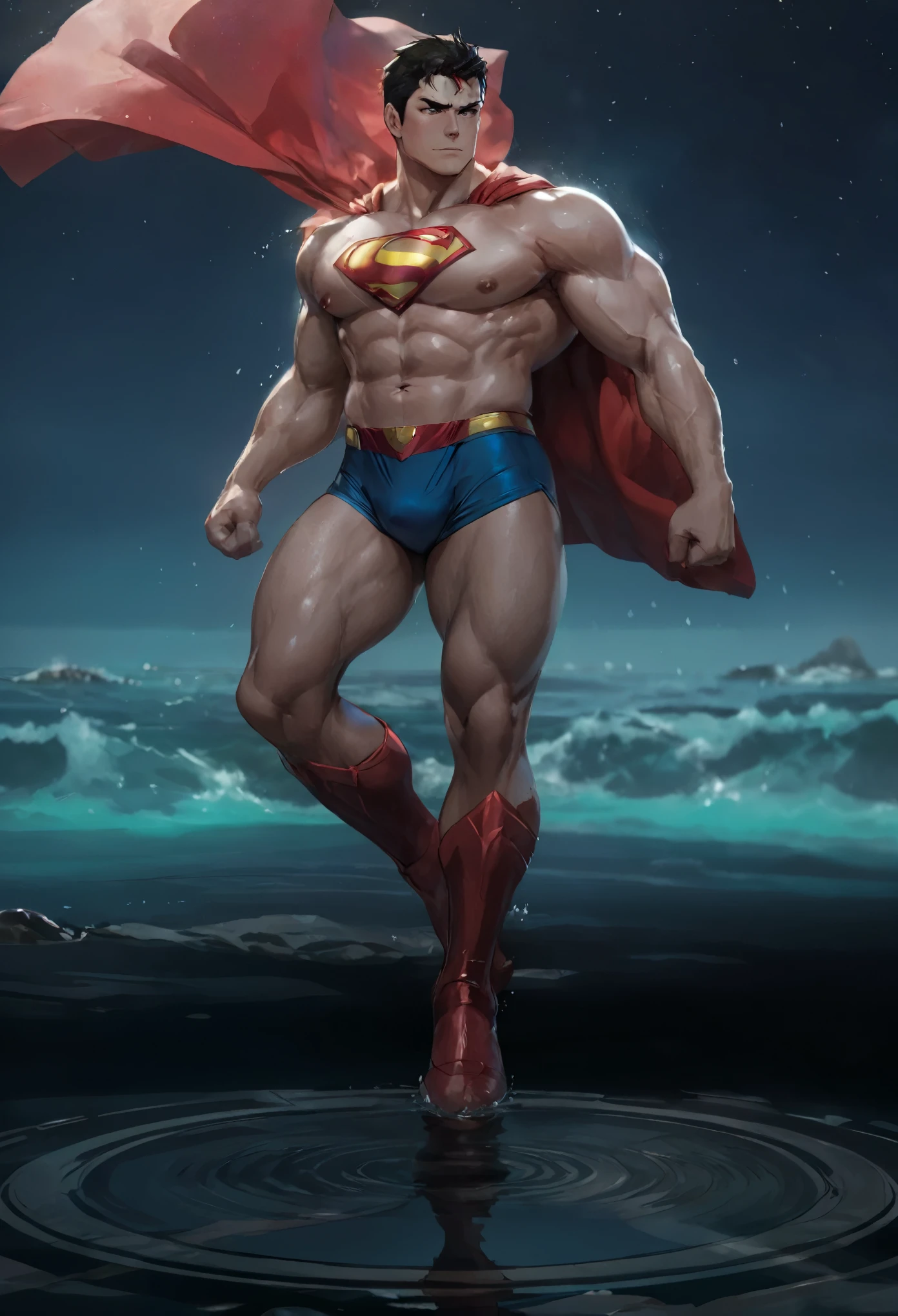 a close up of a Super homen statue in a body of water, superhero body, Super forte e legal, muscular male hero, wojtek fus, Super homen pose, heroic male pose, super hero art, bodybuilder superhero bikini, nude male superman, the strongest superhero, Super homen, coxas musculosas, forte e imponente, ross tran 8k