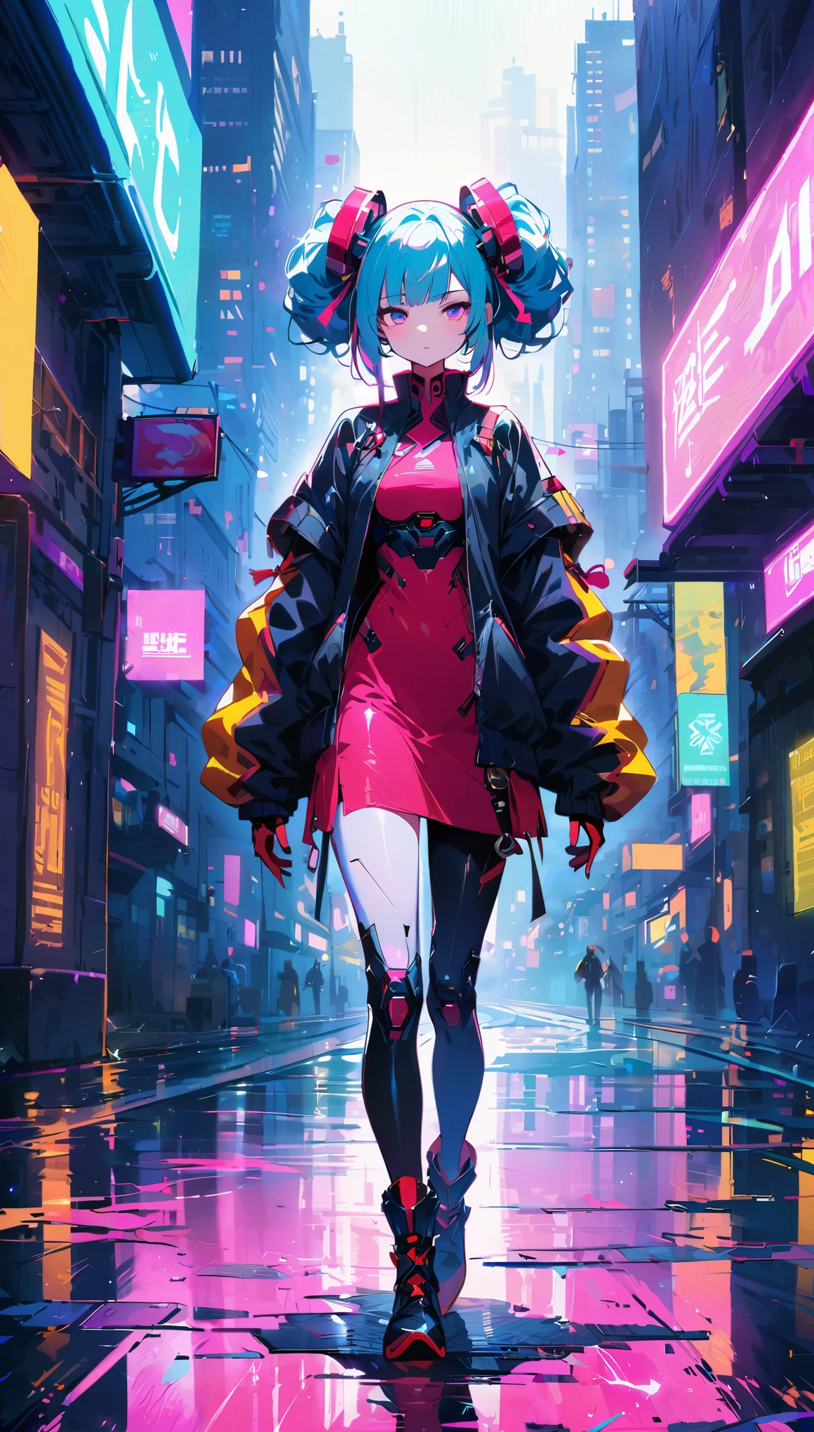 (best quality), (Super fine), (masterpiece), illustration, A girl Chinese costume cyberpunk, (cyberpunk,Chinese style clothing,cybernetic implants),looking into camera,hair accessories, bright colors,dynamic lighting,neon lights,glowing city skyline,Holographic projection,future fashion clothing,A combination of traditional and modern elements,Avant-garde makeup,Exquisite hairstyle,confidence and determination,city environment,downpour,Reflection on slippery road,metallic feel,Mechanical armor, Gorgeous accessories,high-tech products,Impressive cybernetic enhancements,Clear focus,gnarly details, Overclocked rendering, Cinematic edge light, fine light, masterpiece, Super details, epic work, ultra high definition, high quality, 32k