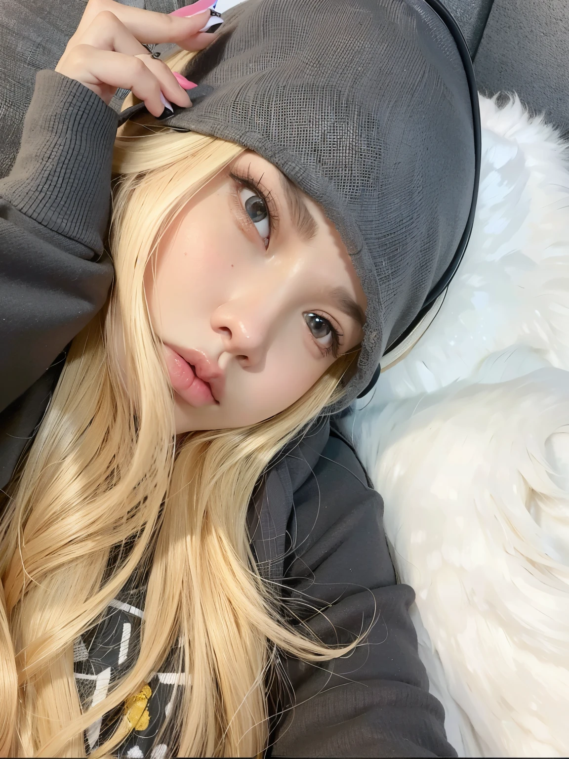 mujer rubia con auriculares puestos acostado sobre una alfombra de piel blanca, ava max, parque roseanne de blackpink, cl, sakimichan, Lalisa Manobal, con pelo largo y rubio, Lalisa Manoban de Blackpink, con el pelo largo y blanco, bella delfina, ulzzang, pelo largo y rubio y ojos grandes, shikami, jossi de blackpink