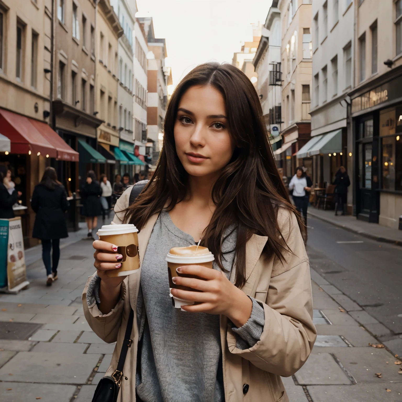 Realistic brunette woman on the street having a coffee