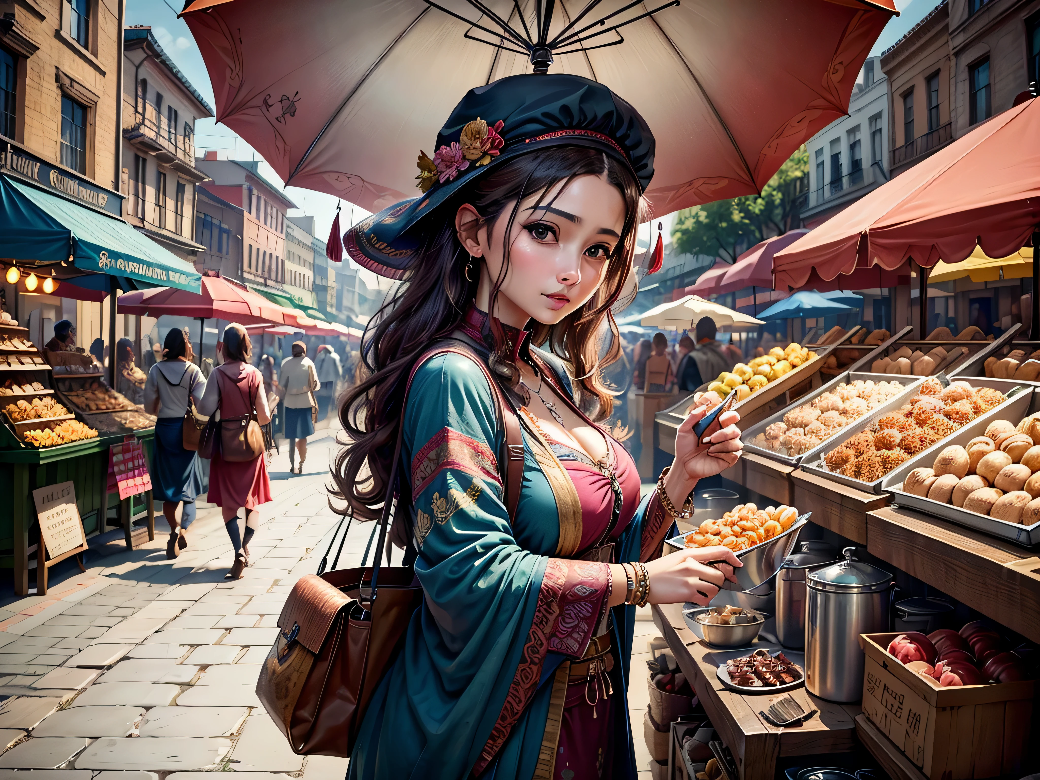 people are shopping at a market with umbrellas and tables, busy market, market setting, street market, with street food stalls, street vendors, food stalls, market, market stalls, food stall, some stalls, vendors, people shopping, temple fair, bustling with people, market place, marketplace, very sad, gorgeous lady, very busy place, colored market stand, trailer