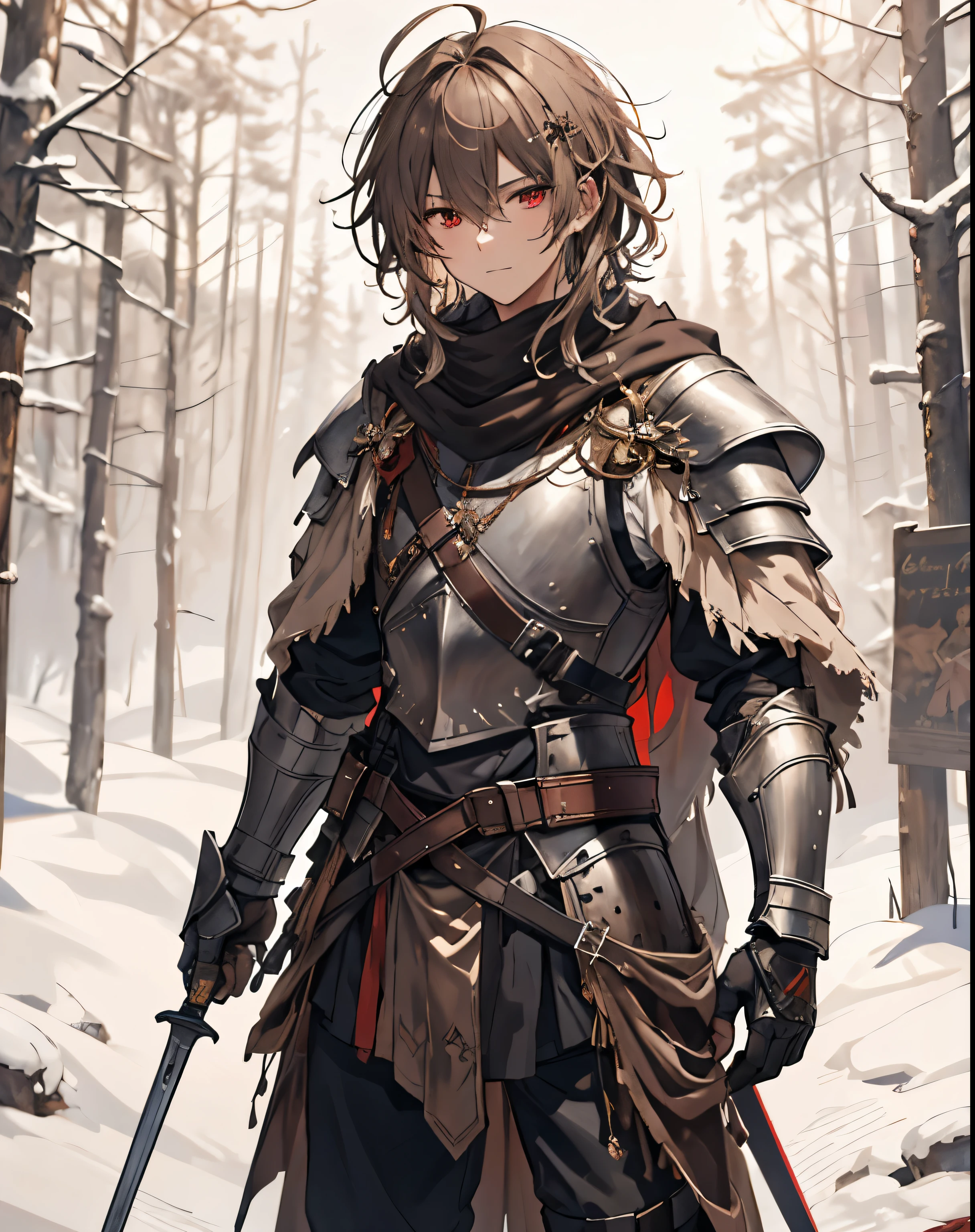 masterpiece, 1men, sparrow, a brown haired men, wearing a black teutonic medieval armored knight, curly medium hair, messy hair, slim body, wearing knight clothes, he close her left eye, shirt ornament, serious expression, red eyes, stand at snowy forest, ahoge, grey vest, shawl, full armor, bring big shield in his back, beautiful eyes