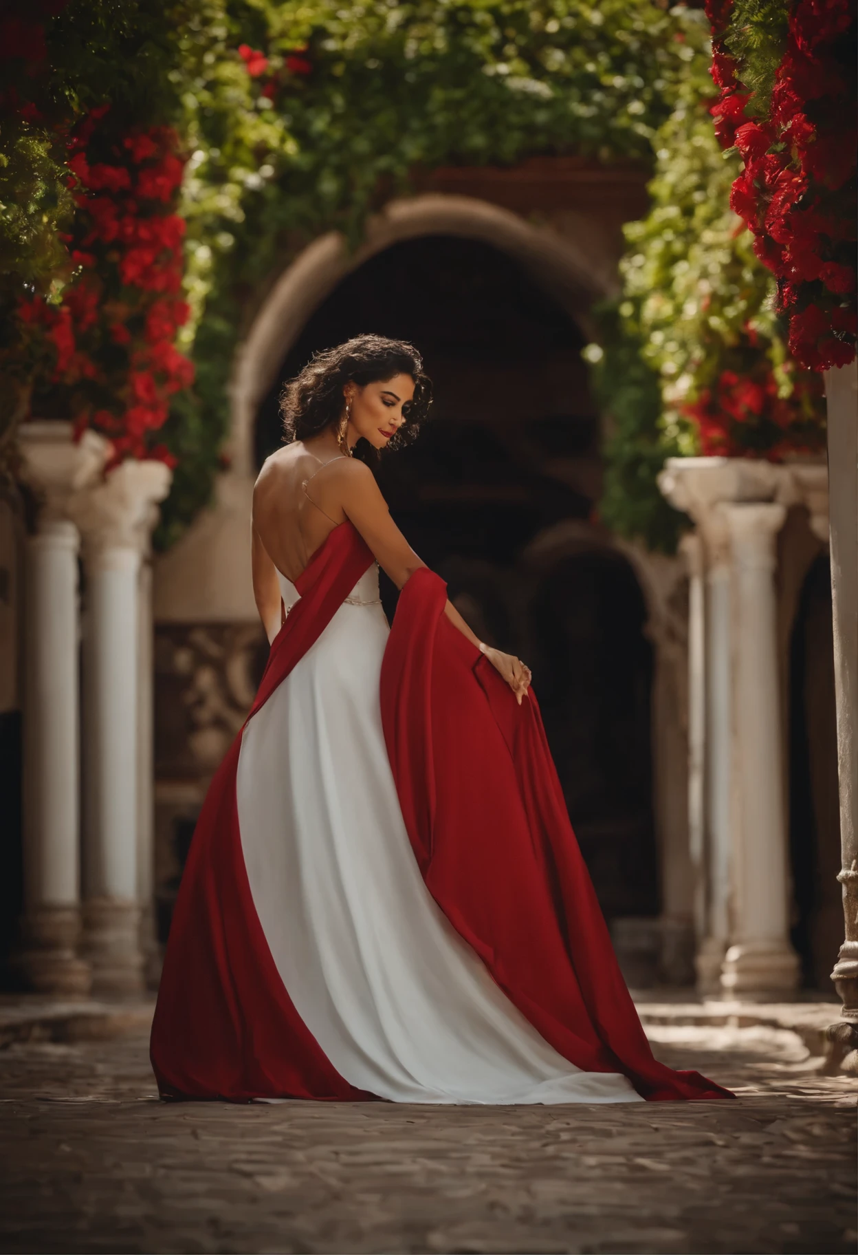 Uma garota de 38 anos de cabelo preto, Cinematic , Olhos preto , maquiagem suave, Vestido branco vermelho com cinto estilo preto, sapatos brancos ,Outer courtyard palace ,outono ,Folhas que caem, scene in a square with green trees.