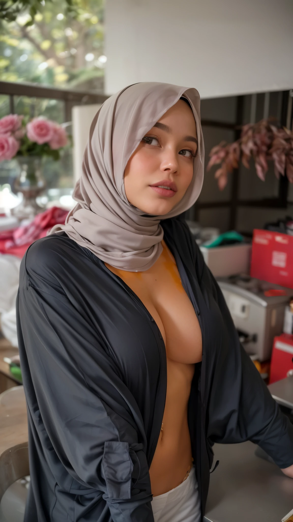 masterpiece, (ultra-high-definition portrait, vignet:1.4), Realistic, extremely detailed, CG unified, 8k, Clean lines, highly detailed, High-definition, raw color photos, she is smiling, Realistic portrait, Cinematic Light, Beautiful detailed, (1hijabgirl, indonesian:1.5), (165cm tall, big breasts with lips like she wants to kiss:1.5), Beautiful big breasts, breasts details, very tight, (Biggorgeous breast, Serious Face:1.5), (Serious Face, Big Breast:1.4), Close up of a girl in Beautiful clothes with errected nipple, biggorgeous breast, Soft smile, scarf, (Bombastic Side Eyes with curvaceous body:2), pose 4 of 1 6, Undress, No bra, (nipples that are clearly sticking out detail:1.2), Outdoors, high intricate detailed.