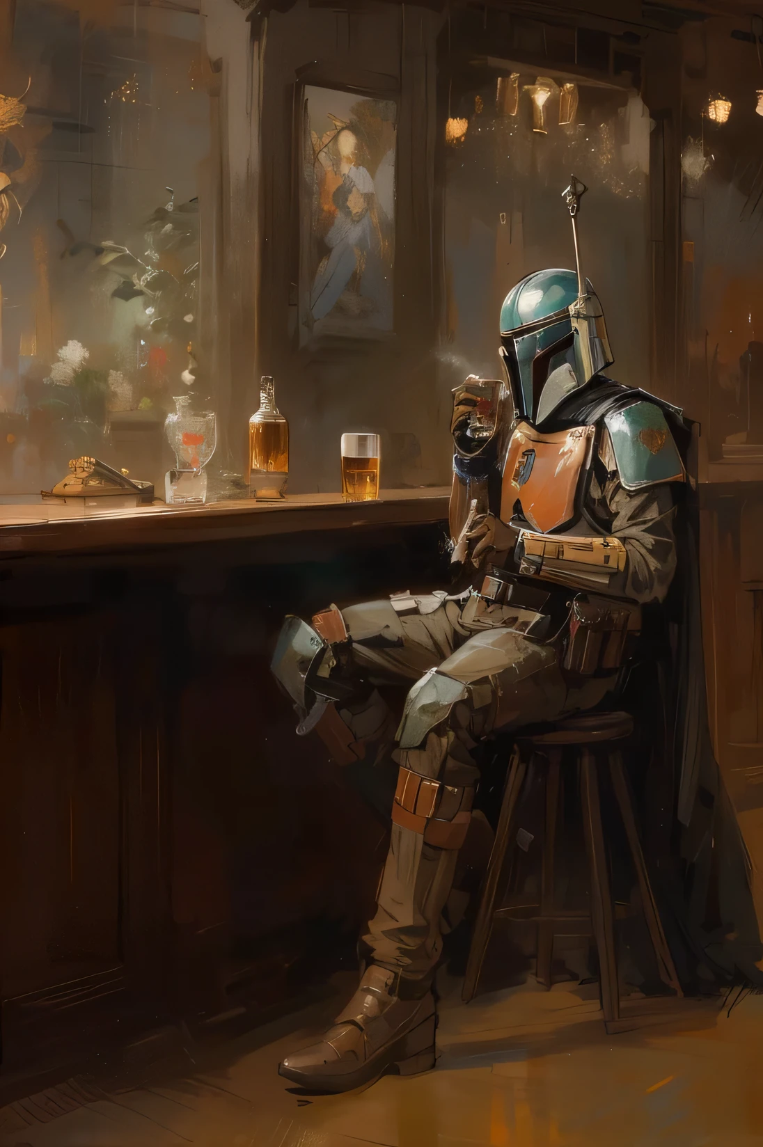 Drawing of Boba sitting in bar drinking beer, Boba Fett, arcane wizard x Boba Fett, by Craig Mullins, knight drinking beer, in the bar, Bounty Hunter, author：gregory manchess, author：james gurney, Sitting alone at the bar, by Sam Spratt, james gurney风格, Star Wars art, by Ryan Barger