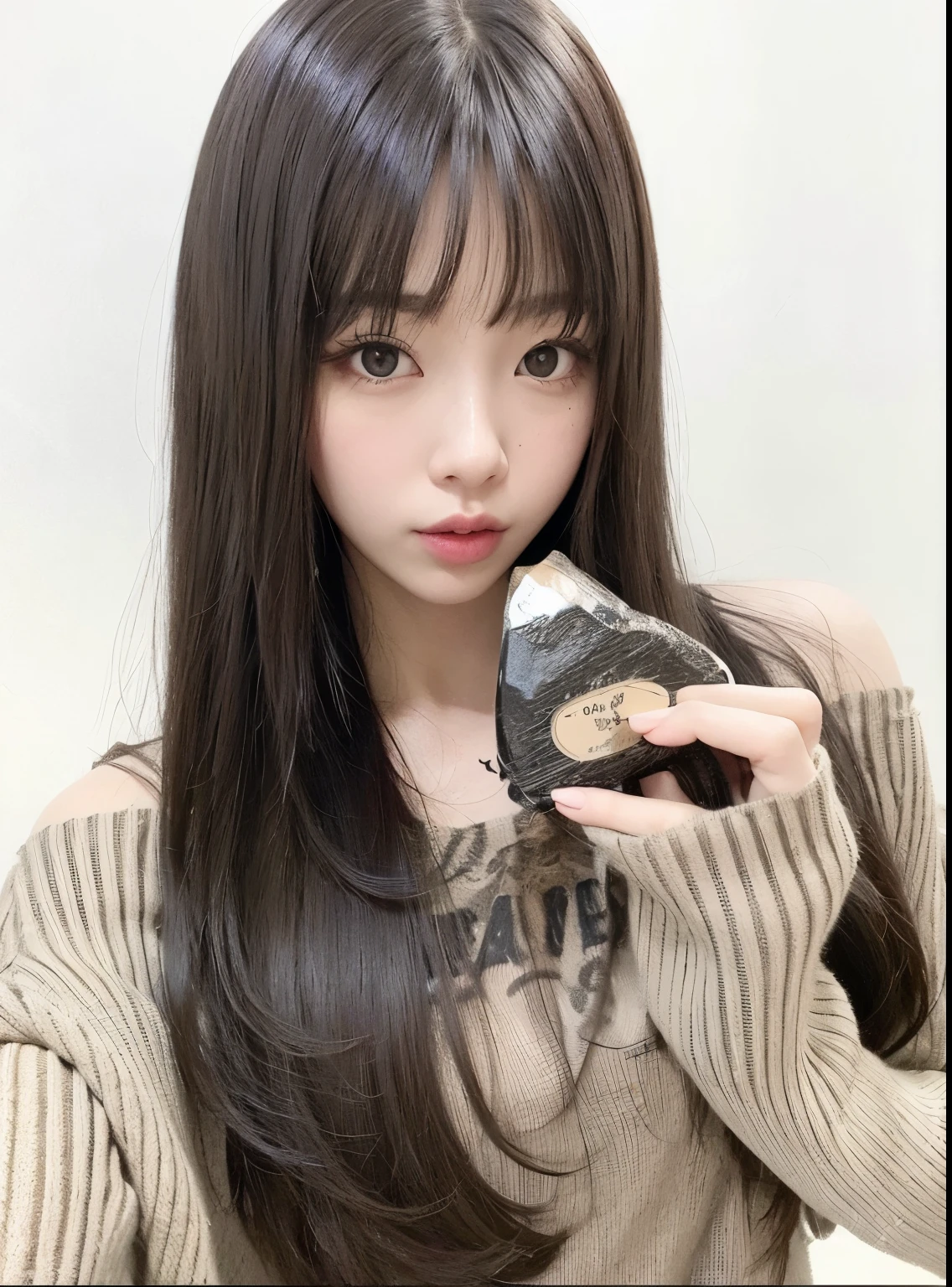 Chica araffe con pelo largo sosteniendo un trozo de comida en la mano., el corte de hime, ulzzang, Lalisa Manobal, pelo cortado hime negro, neat hair con flequillo, pelo largo con flequillo completo, long hair con flequillo, con flequillo, chiho, she has black hair con flequillo, Lalisa Manoban de Blackpink