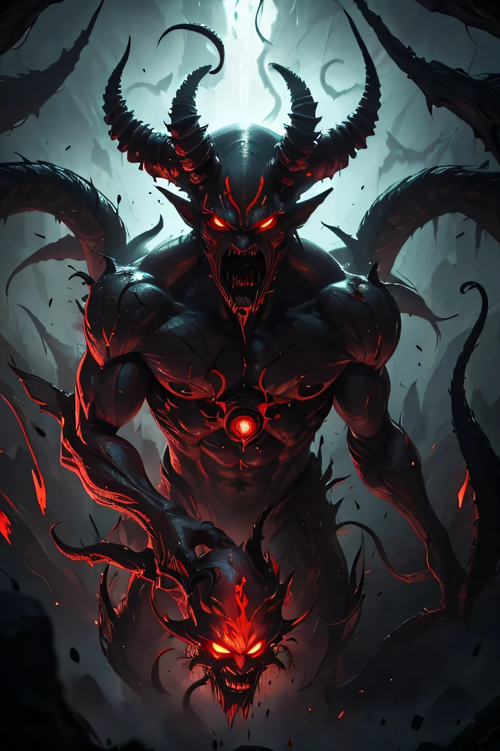 Ultra HQ demon, scary demon, ((dark tendrils surrounding)), demon with red eyes