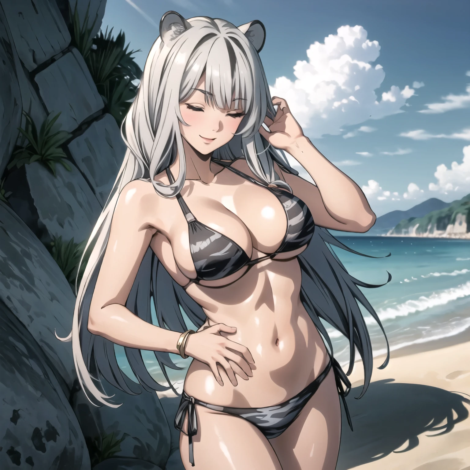 50 year old woman blind with her eyes closed, cabello de tigre blanco con rayas negras, orejas de tigre blanco, piel clara, rubo, pechos grandes , bikini rayado. accesorios, esta de pie caminando por una playa soleada pose sexy, sonrisa traviesa. alta calidad. mujer sola solo una mujer. bikini rosado, orejas de tigre blanco, orejas de tigre blanco, manos perfectas cinco dedos en cada mano. manos perfectas