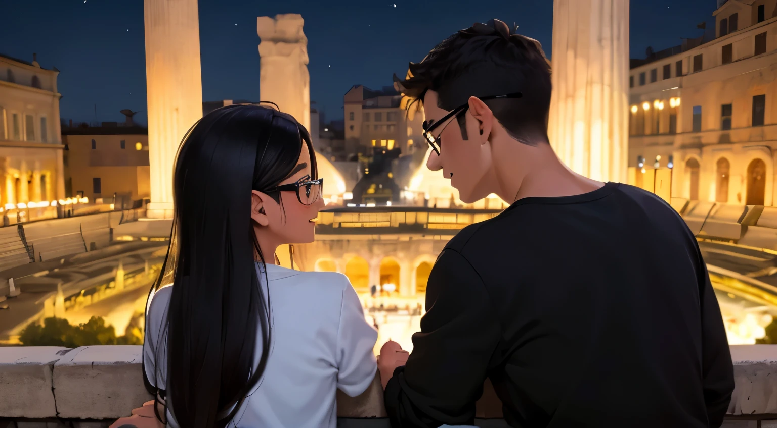 A young Latin couple with glasses look at each other and have their backs to the camera in the Roman coliseum on a bright night. They have their back to the camera wearing a black sweatshirt, black pants, zapatillas negras y audifonos.