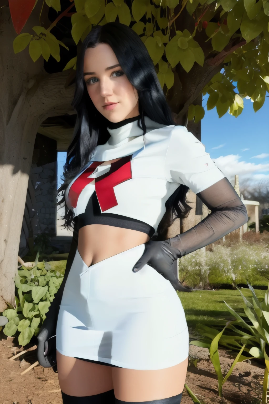 (vanessa),   team rocket,team rocket uniform, red letter R, white skirt,white crop top,black thigh-highs,black elbow gloves, cosplay, 4K, HDR, outdoors, sunny,
 