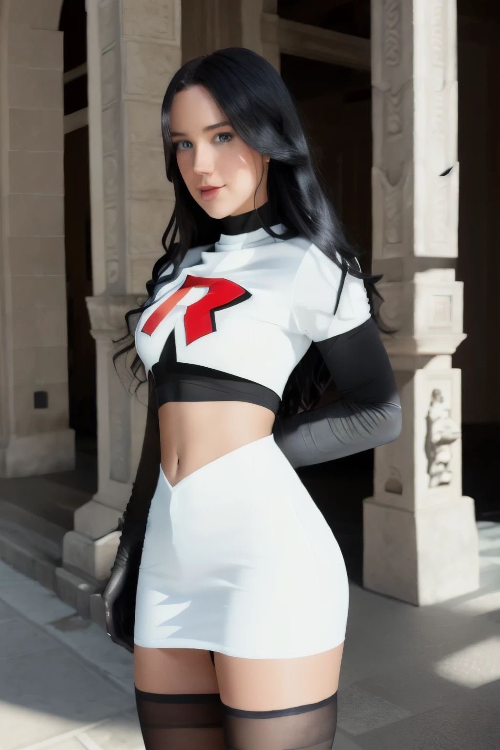 (vanessa), team rocket,team rocket uniform, red letter R, white skirt,white crop top,black thigh-highs,black elbow gloves, cosplay, 4K, HDR, outdoors, sunny,