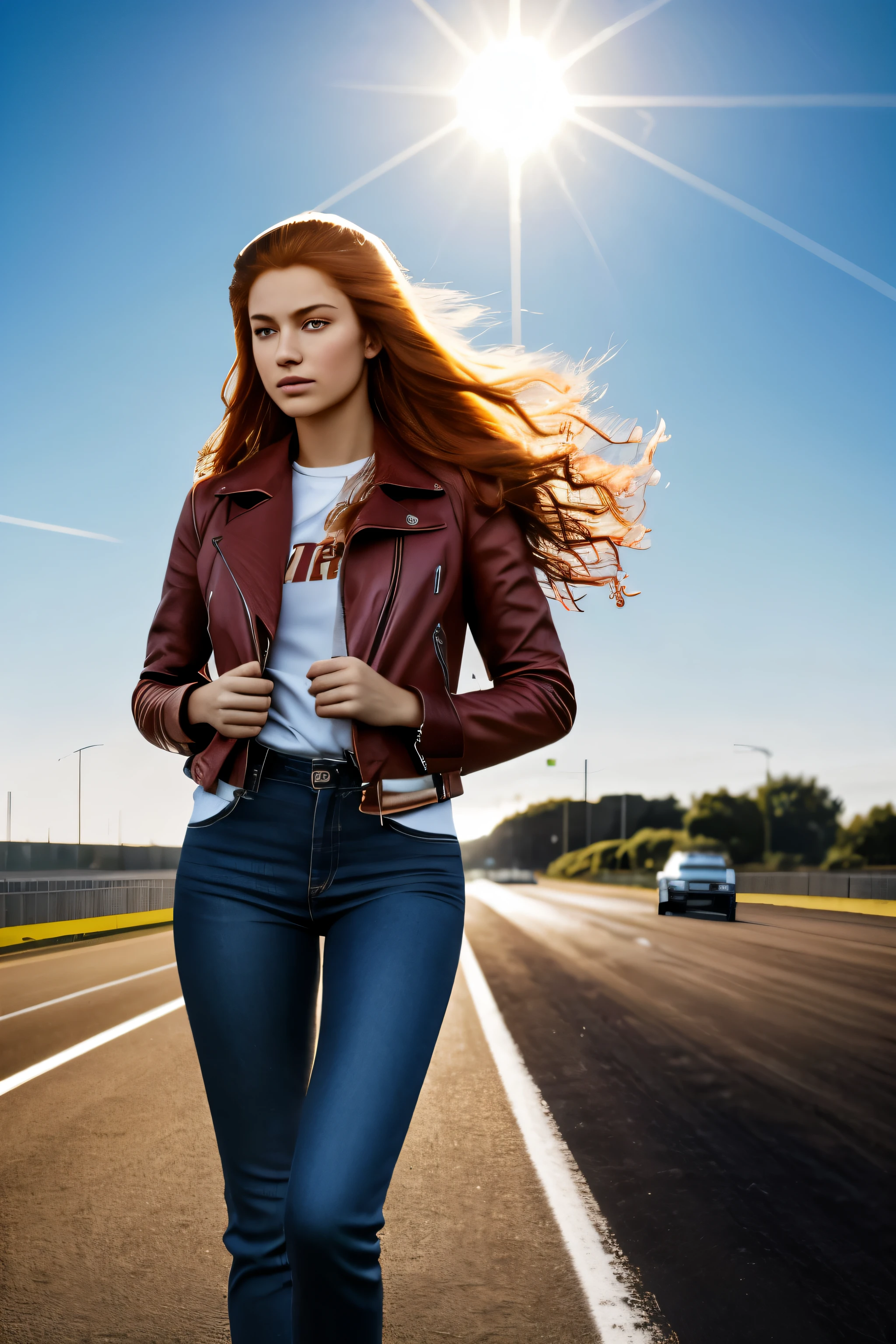 Ultra detailed image:1.4,
Super realistic photo of a fourteen year old girl., (with a fiery red mane):1.1, in a red leaThatr jacket and an open helmet, (her hair billowing in That wind):1.2, speeding on a sleek Honda motorcycle, (That engine roaring):1.3, along the wide, sun-drenched freeway, (That tarmac glistening):1.2.
 Surrounding her, a picturesque scene unfolds, (idyllic and serene):1.1, with That captivating aroma of lavender filling That air, (That