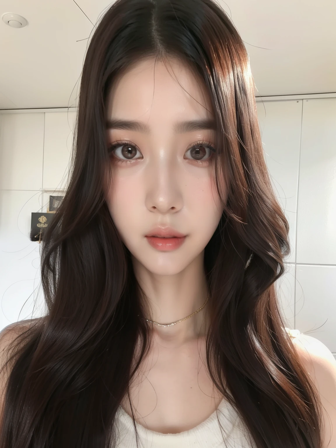 a close up of a woman Com cabelo comprido wearing a necklace, jaeyeon nam, Jinyoung Shin, Ulzzang, lalisa manobal, o corte Hime, young lovely korean face, com rosto redondo, Heonhwa Choe, adorable and pale korean face, Com cabelo comprido, Korean facial features, coreana, estacionar a partir de-min, penteado com corte hime branco