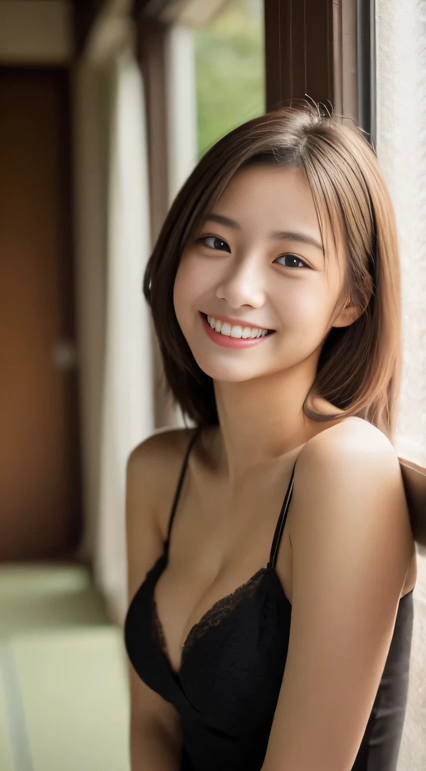 masterpiece,best quality,(Japanese ),((Beautiful girl)),cleavage,indoor,(perfect body beauty:1.2),(shy smile),beautiful teeth,