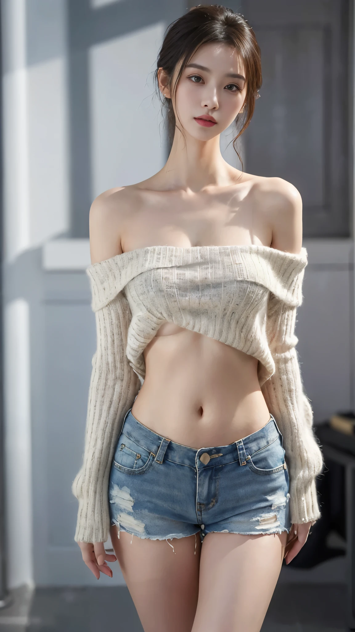 (masterpiece, best quality, ultra detailed, realistic:1.4), a young asian woman, (off-the-shoulder sweater and shorts), short messyhair, tall, slender figure, hands behind head, (longneck:1.3), ((longtorso, ltso):1.35)