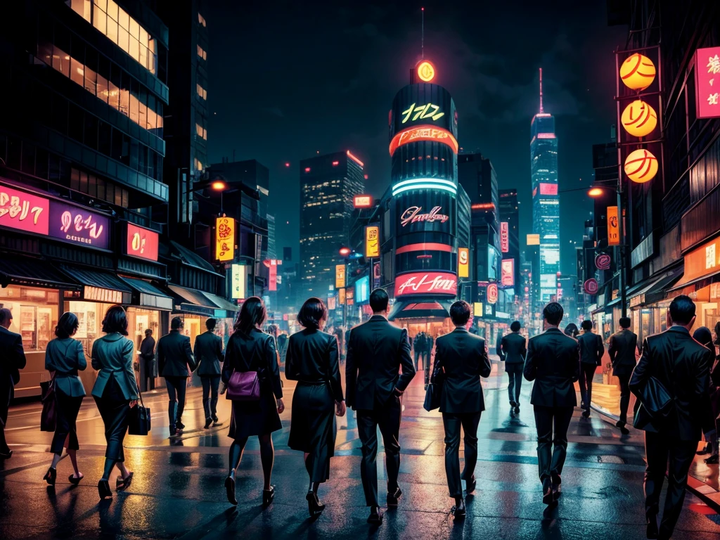 Office workers hurrying home amidst twinkling neon signs in downtown Tokyo at night