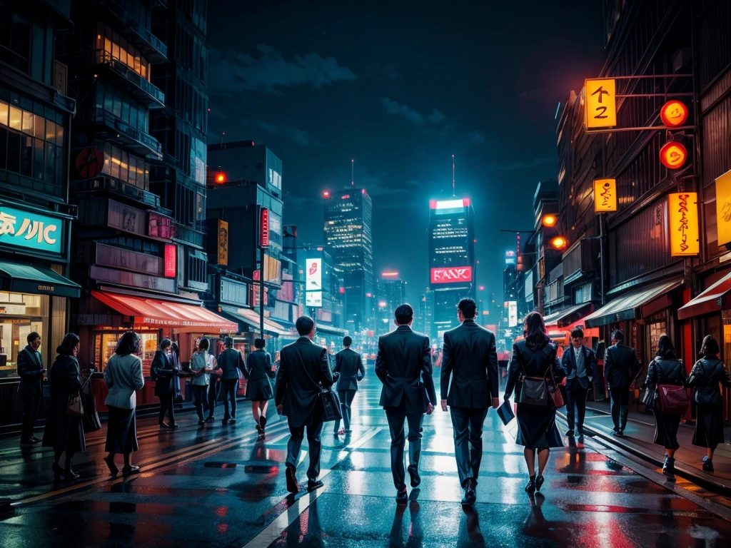 Office workers hurrying home amidst twinkling neon signs in downtown Tokyo at night