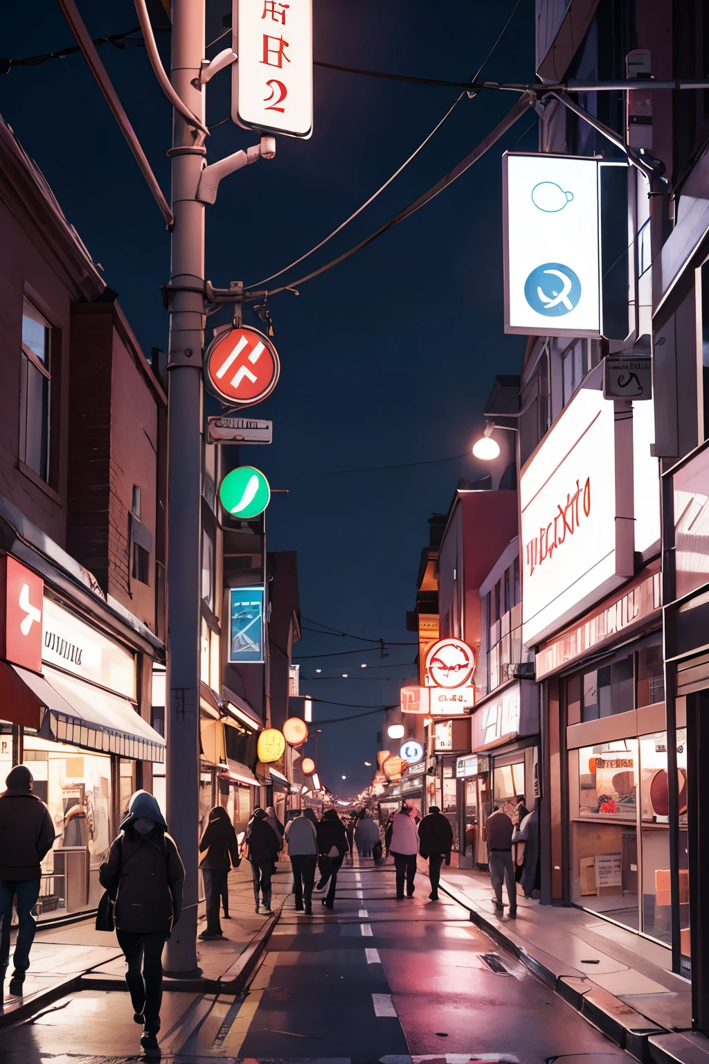 An urban street at night, with flickering streetlights and dim neon flickering in closed stores.