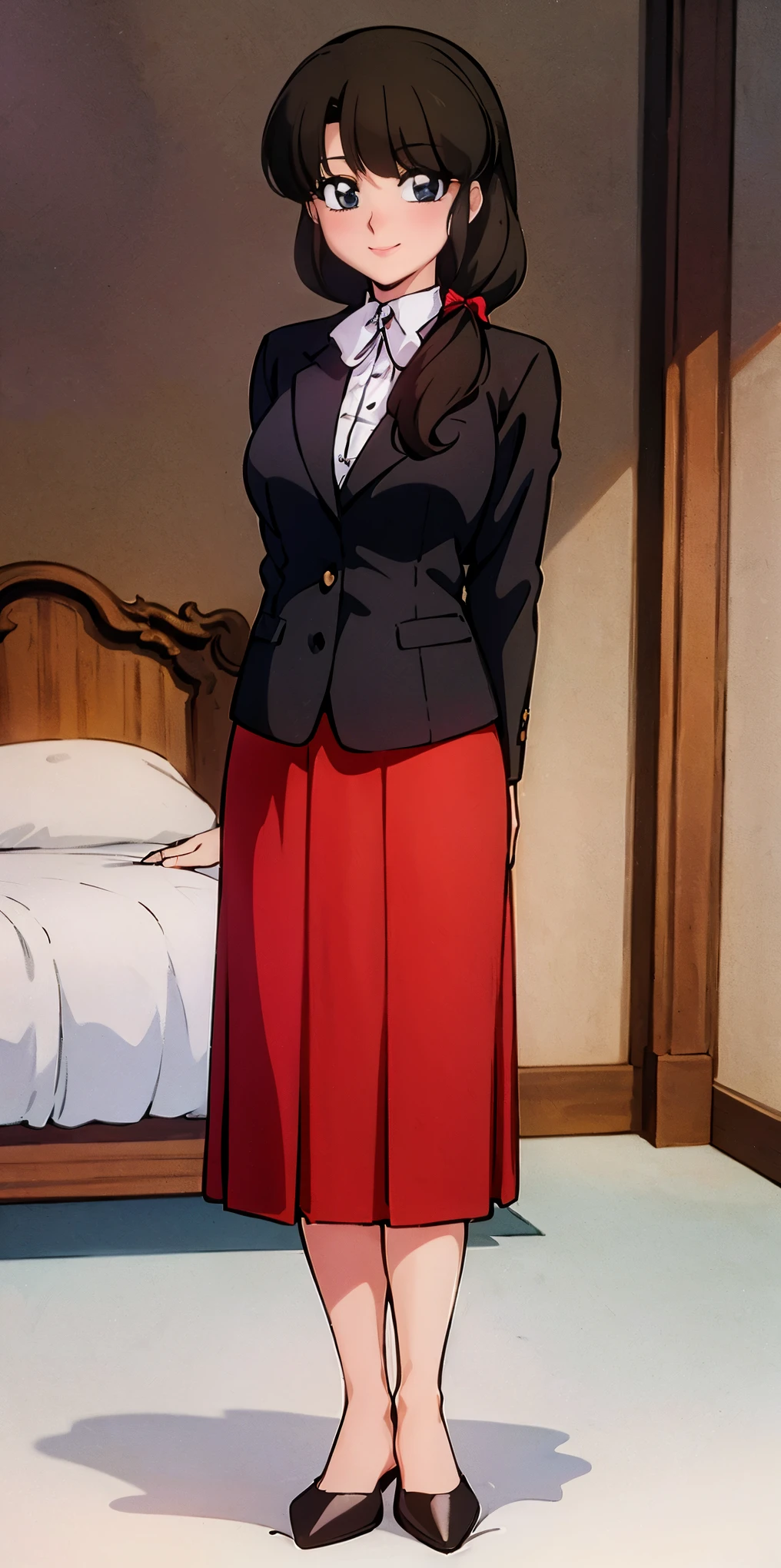((masterpiece)) best quality, anime coloring, 8kwallpaper, wallpaper, very detailed, highly detailed, 1 girl, long hair, big anime eyes, tall, white, black blazer, red hair ribbon, looking at viewer, slight blush, lustful smirking smile face red blushed red cheeks, smile, standing, black skirt, bedroom background, bed, sheets, pillow