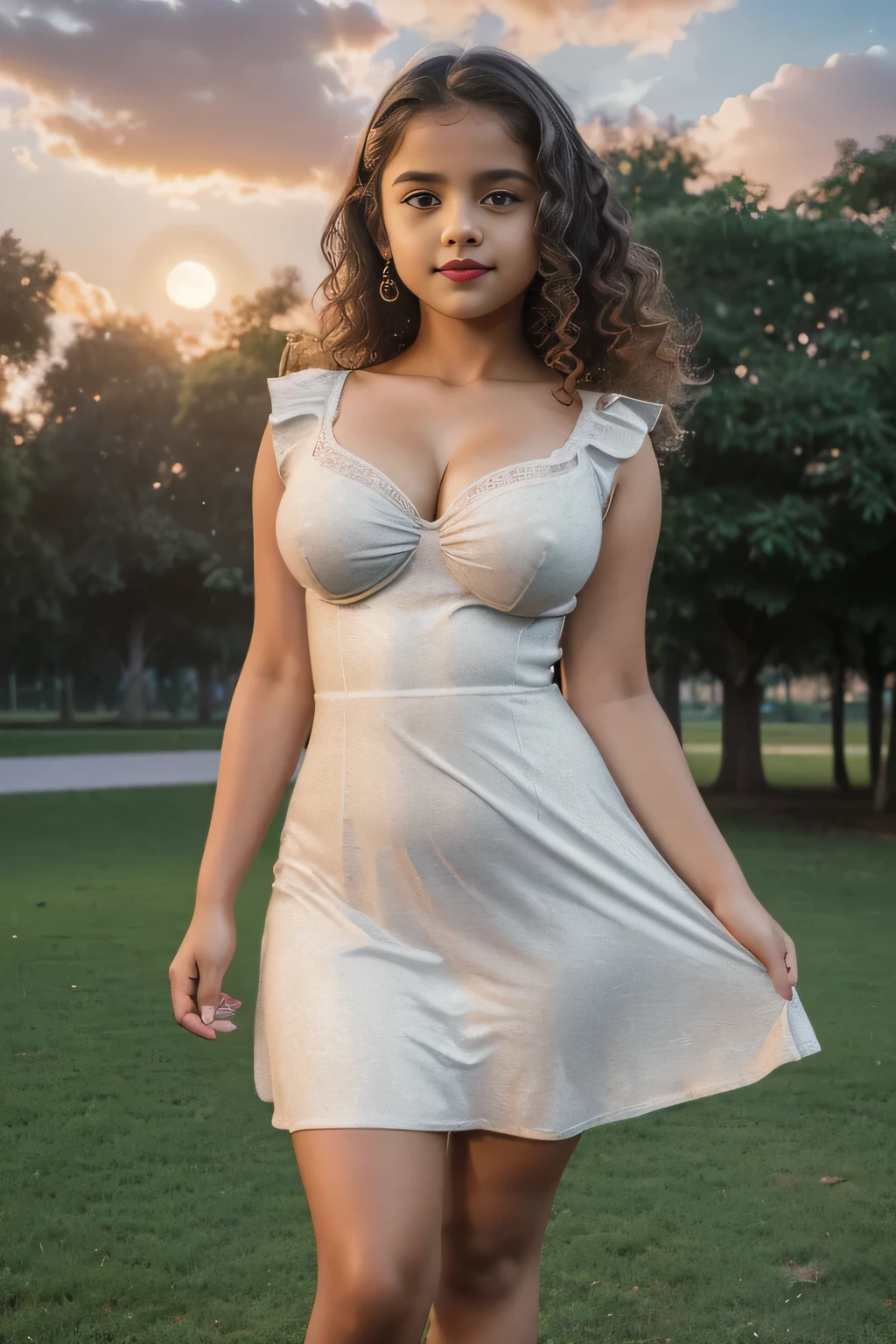 ((One desi girl, school dress , (((44M size round breast ))) , semi curvy, small waist, ((wearing bodycon dress tight)), (Laia Manzanares) (Tween model, 8 years old, Ethereal beautiful, slim, , ((Burnett long extreme curly hair, hezel eyes, small waist, , Soft light, full body picture, red lipstick)), masterpiece, (in park, in moonlight, clouds), Best Quality, Photorealsitic, 8K, High resolution, Detailed skin, 8K UHD, Digital SLR, Soft lighting, High quality, Film grain, FUJI XT3,