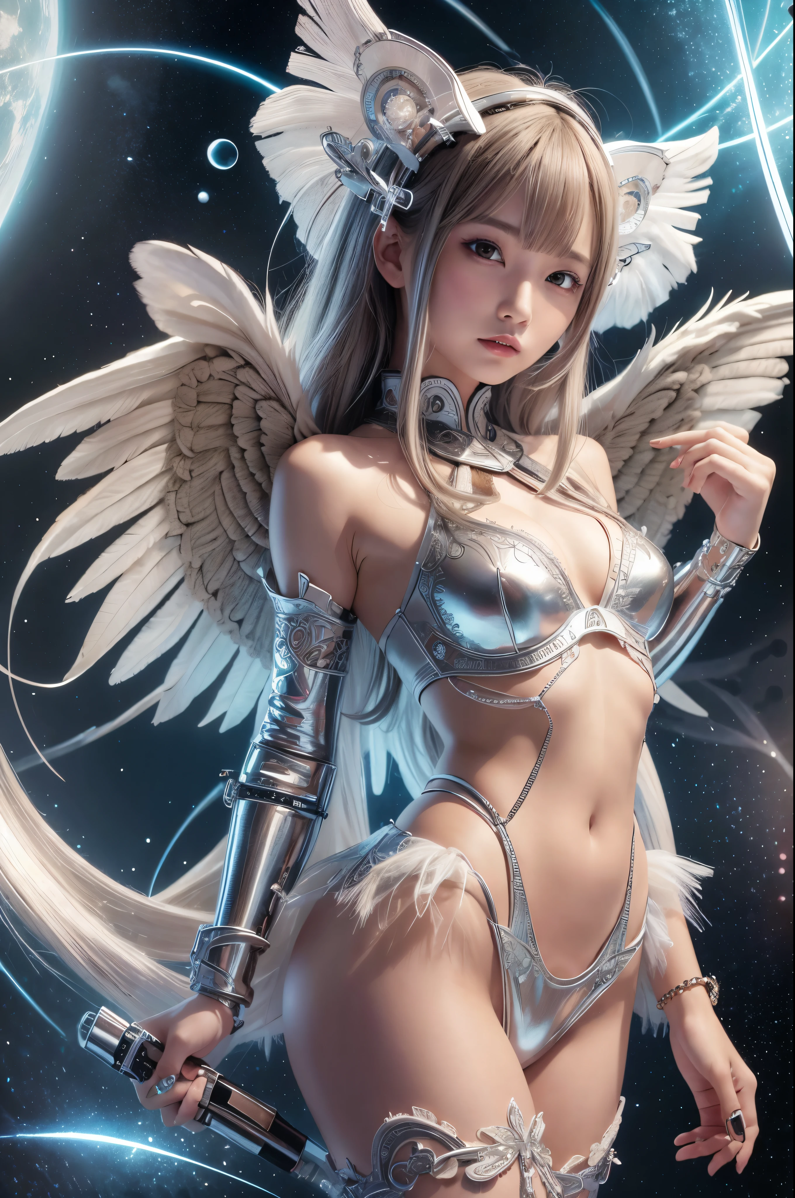 cyborg, girl, beautiful girl, cute, sexy, strong, thin, delicate, smile, (ta costume), High leg, metallic, ultra color, paisley pattern, headgear, mandala, Near future, heaven, Angel, feather, wing, Helix lamp