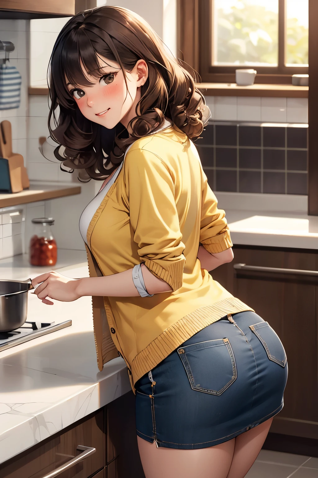 Yellow cardigan, casual T-shirt, white miniskirt, mature woman, medium breasts, big butt, curvy, curly hair, semi-long brown hair, in the kitchen ((blushing, shy, embarrassed expression)), staring at me, inner thigh,