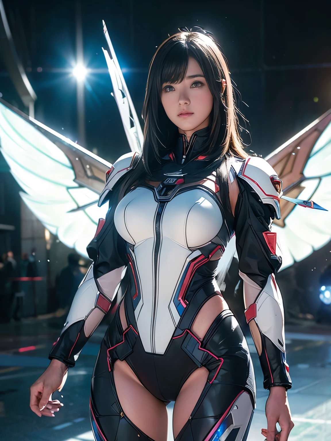 ((best quality)), ((Steel Maiden&#39;masterpiece)), (Very detailed:1.3), 3d, beautiful, (cyberpunk:1.2), in space, vague, Keep_arms, laser, (1女の子Mecha:1.3), Sexy figure, Facing the audience, bright blue Eye, whole body, black hair, (flight, descending order, Dynamic, motion blur: 1.4), (giant core wing: 1.6), look up, shine_Eye, Mecha, panoramic, The background is the earth,  nebula, space, particle, Reality, high dynamic range (high Dynamic range), Ray tracing, NVIDIA RTX, super resolution, Unreal 5, Scattered under the surface, PBR texture, post processing, Anisotropic filtering, Depth of the bounds written, Maximum clarity and sharpness, multi-layer texture, Albedo and highlight maps, Surface shading, Accurately simulate light-matter interactions, Perfect proportion, octane rendering, two-tone lighting, large diameter, Low ISO,  white balance, rule of thirds, 8K raw, Highly efficient sub-pixels, subpixel volume, (best quality), (Japanese: 0.5),  short bob, (beautiful胸: 1.2) he is dressed as superman&#39;s S on the chest., (((camel toe)))