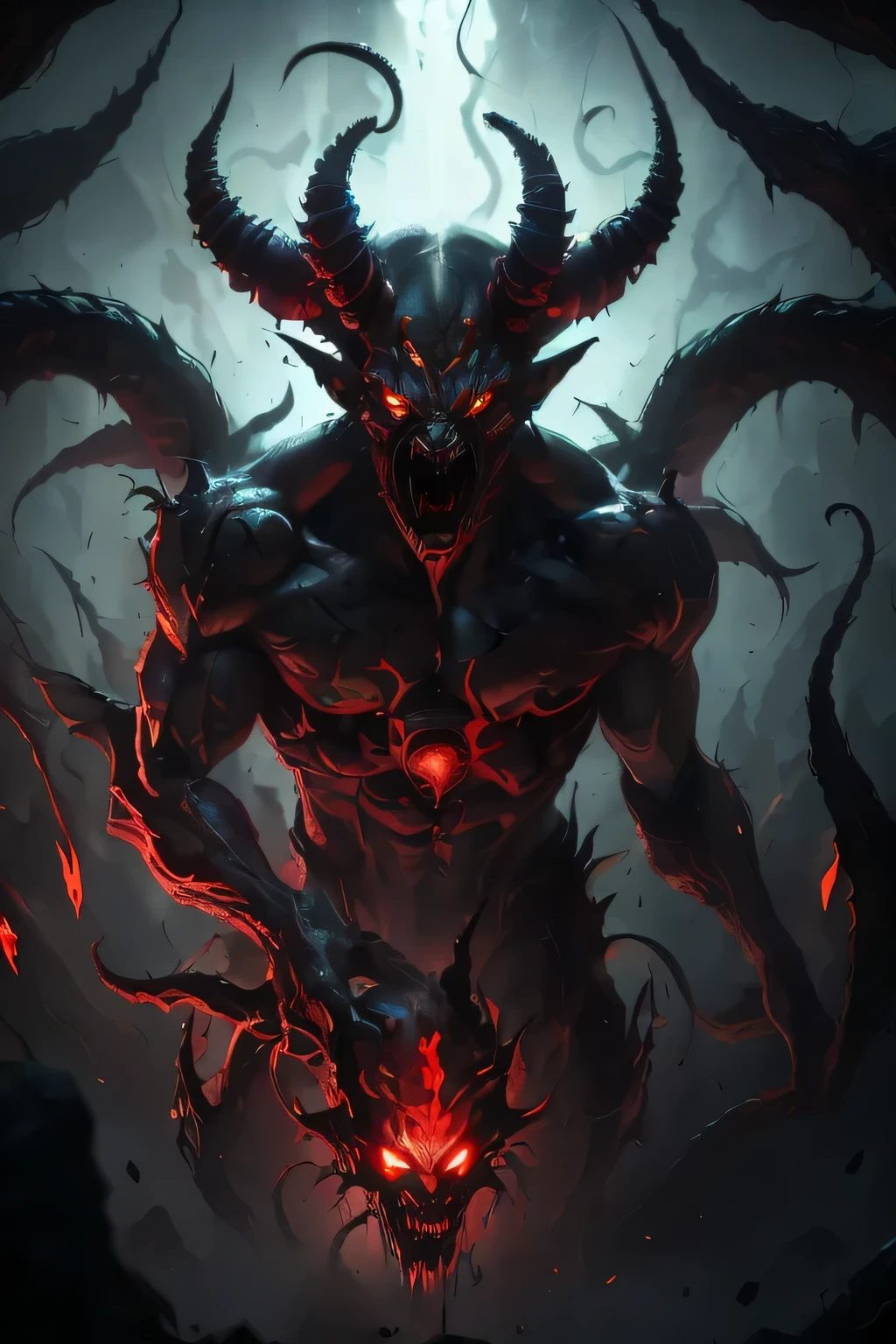 Ultra HQ demon, scary demon, (((dark tendrils surrounding))), demon with red eyes