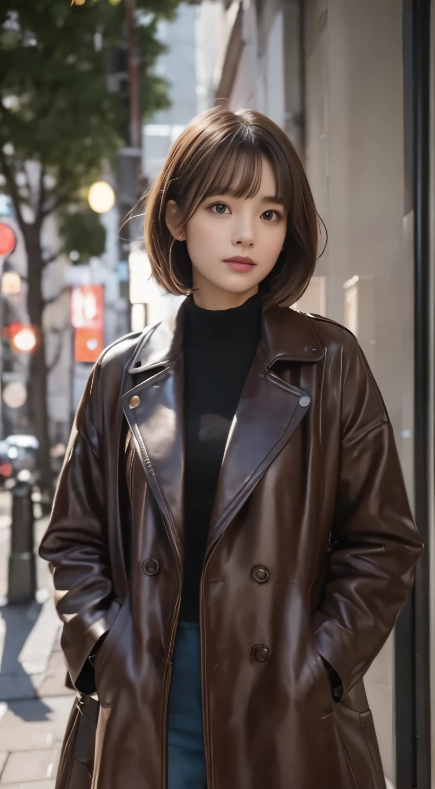 brown coat:1.2、medium bob、short hair