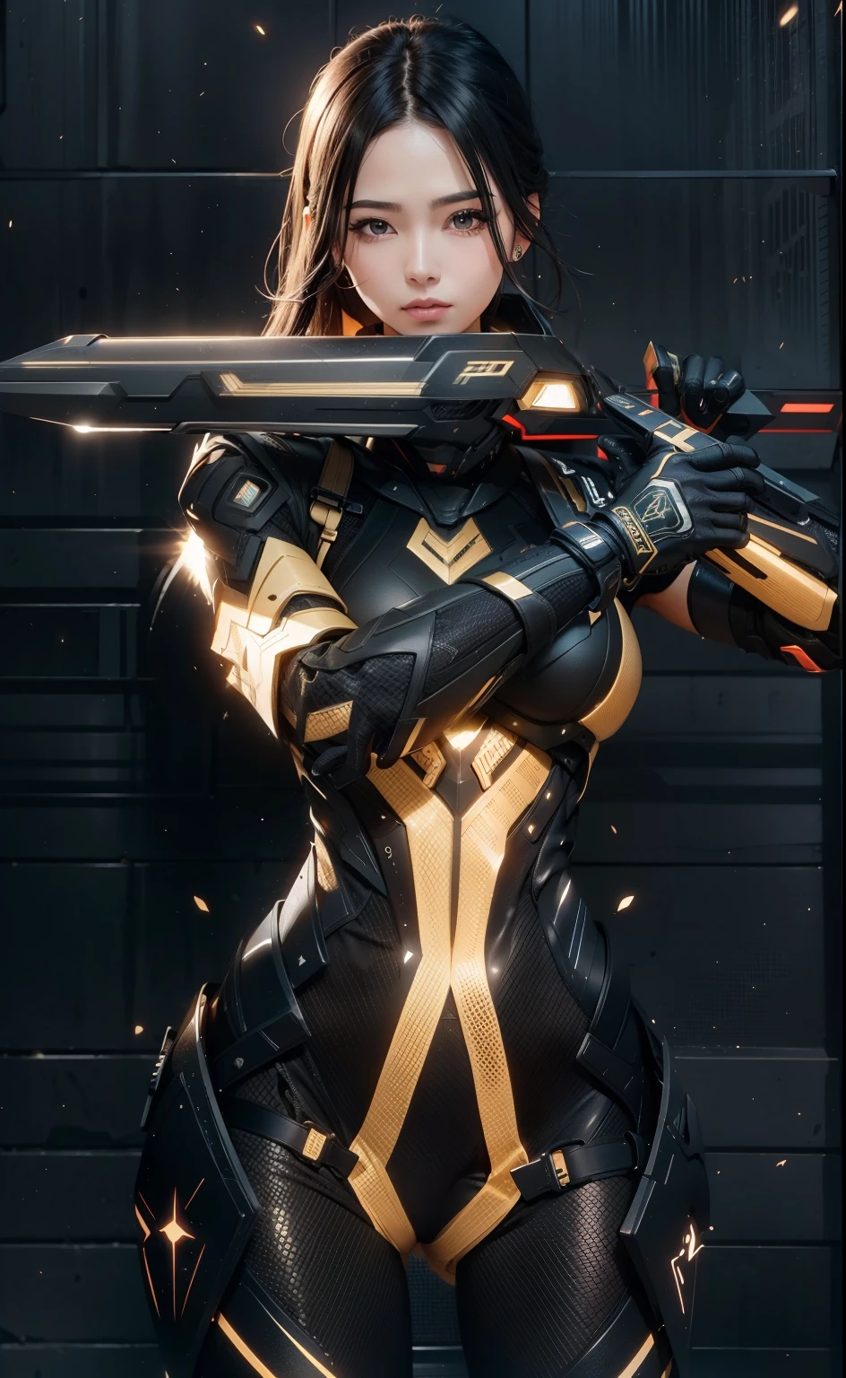 Waist up beauty girl in black body tatical combat suit, (((Stellar Blade aesthetic style::1))), golden hour illumination, sharp focus, (masterpiece), best quality, expressive eyes, perfect face, glowing
