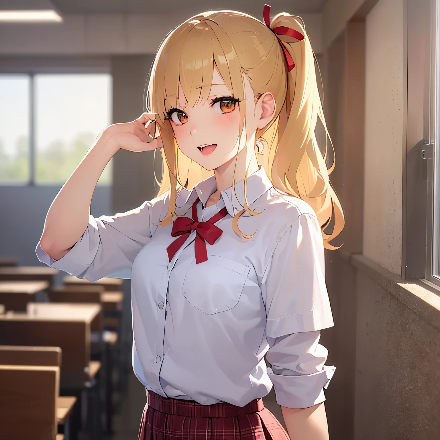 Upper Body, Realistic, real person, (pale skin: 1.2), RAW photo, photorealistic, portrait photography, shiny skin, japanese idol、shiny hair、( female with medium hair with blonde bangs) and (pony tail) and (wavy hair) and (orange eyes) , (blush:1.3)、smile, open mouth, high school student、high 、(white shirt) and (red ribbon)、pleated skirt、The background is a classroom、Alone、Are standing