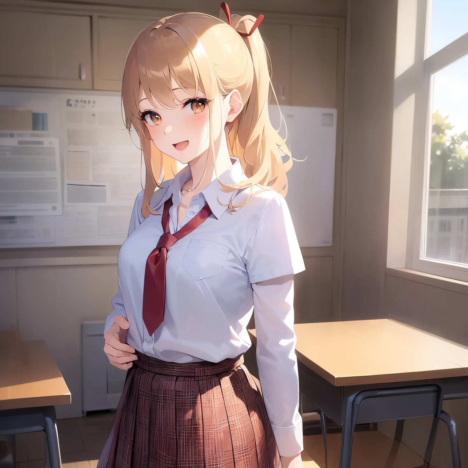 Upper Body, Realistic, real person, (pale skin: 1.2), RAW photo, photorealistic, portrait photography, shiny skin, japanese idol、shiny hair、( female with medium hair with blonde bangs) and (pony tail) and (wavy hair) and (orange eyes) , (blush:1.3)、smile, open mouth, high school student、high 、(white shirt) and (red ribbon)、pleated skirt、The background is a classroom、Alone、Are standing