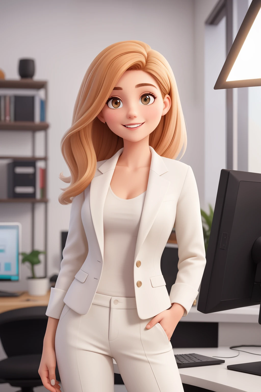 Uma mulher de 26 anos, com longos cabelos castanhos escuros , Rosto redondo, sorriso encantador, e olhos castanhos, in a graphic designer office,studio lighting, computador,mesa digitalizadora, She's wearing , white blazer and beige pants 
