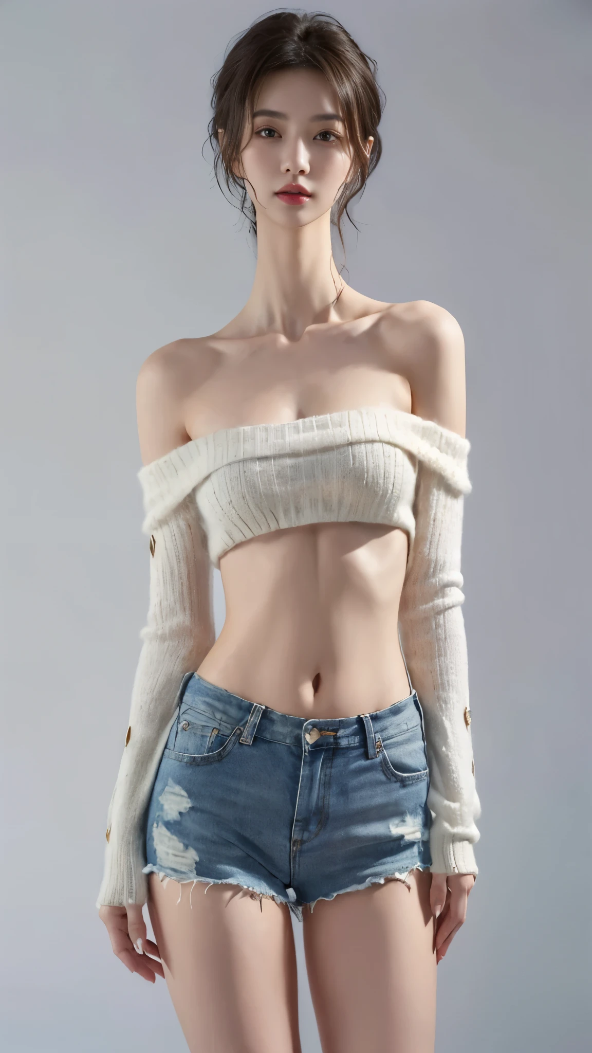 (masterpiece, best quality, ultra detailed, realistic:1.4), a young asian woman, (off-the-shoulder sweater and shorts), short messy hair, tall, slender figure, (longneck:1.3), ((longtorso, ltso):1.35)