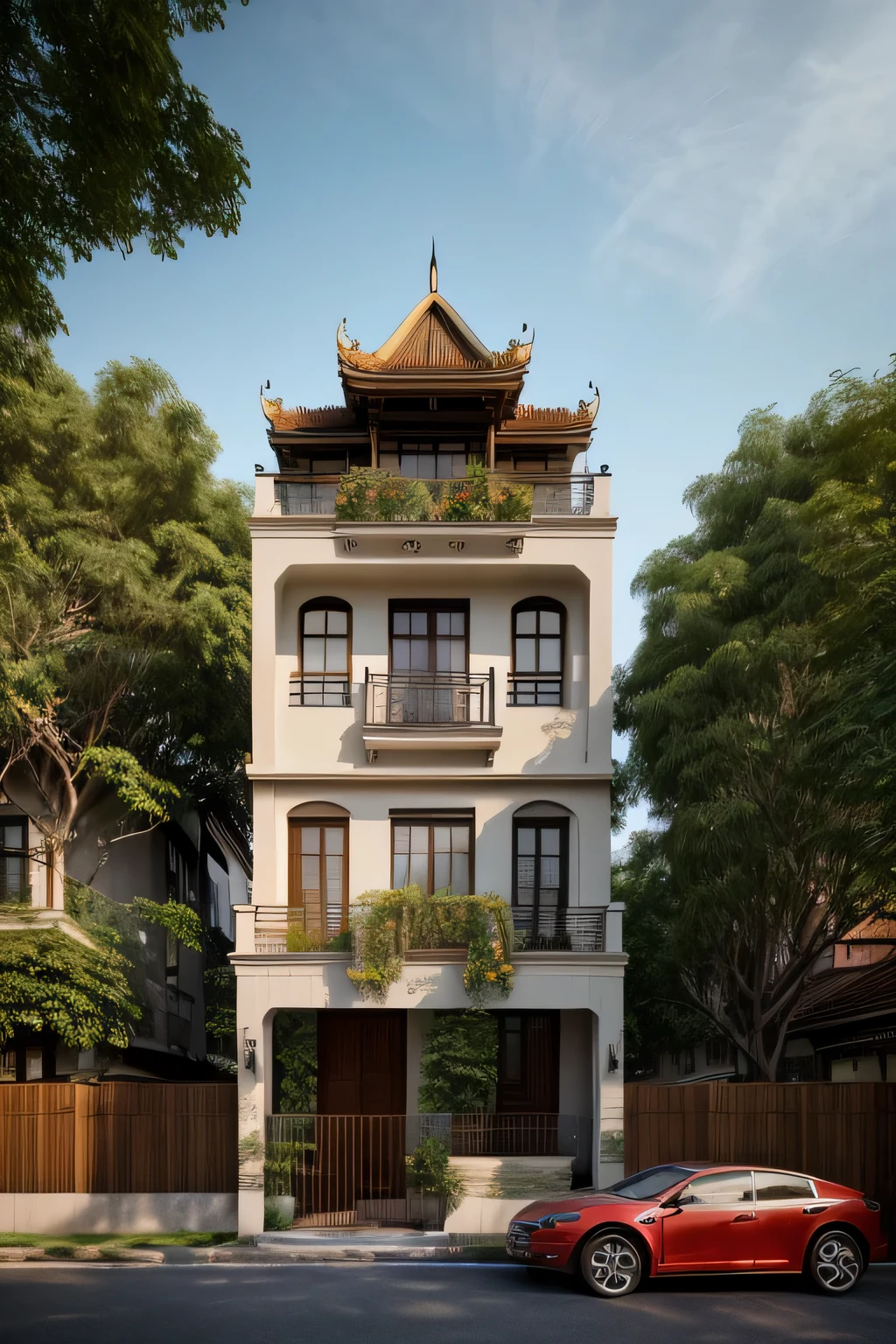 (Townhouse in city ,close houses and trees), ((indochine style architecture)) daylight ( best quality) ((high solution)) ,(( photo realistic)) ,warm light,  soft lighting, warm atmosphere,high Resolution, hyper detailed,4k ,vray render, octane render, hyper realistic, photography expert ,exterior design , professional photography, exterior photography,wide-angle shot , ultra detail , high Resolution , full frame, full body