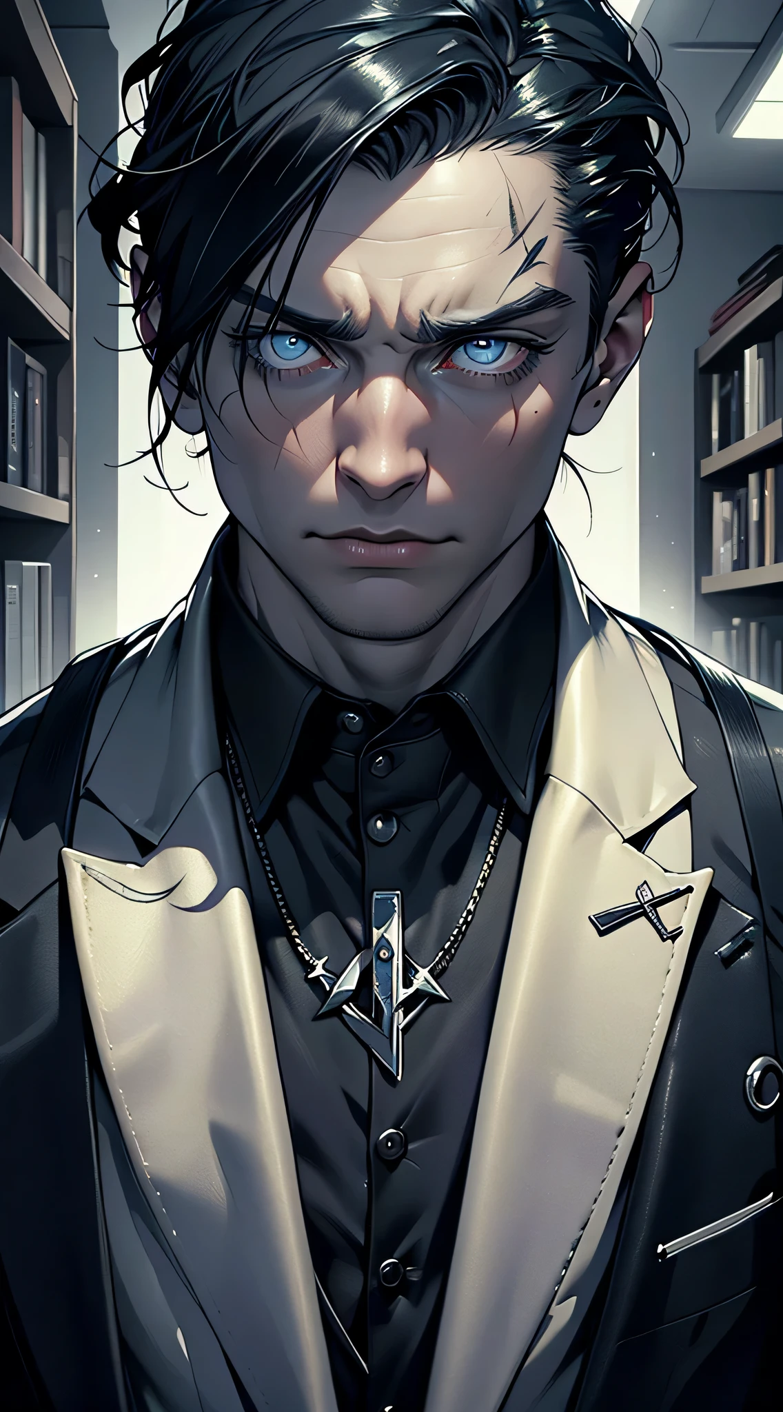 (extremely detailed 8k wallpaper): A modern horror scene from Vampire: The Masquerade set in the 2020s. In the foreground, a young man dressed in an expensive designer suit with a sharp focus and an expression of intense curiosity on his Cillian Murphy-esque face is illuminated by dramatic lighting. His otherworldly blue eyes and short black hair as a Malkavian vampire shine under the spotlight. Subsurface scattering effects enhance the realism of his skin, adding depth and dimension to this award-winning photography masterpiece. The background is adorned with a luxurious psychiatry room, complete with a divan and an abundance of books on